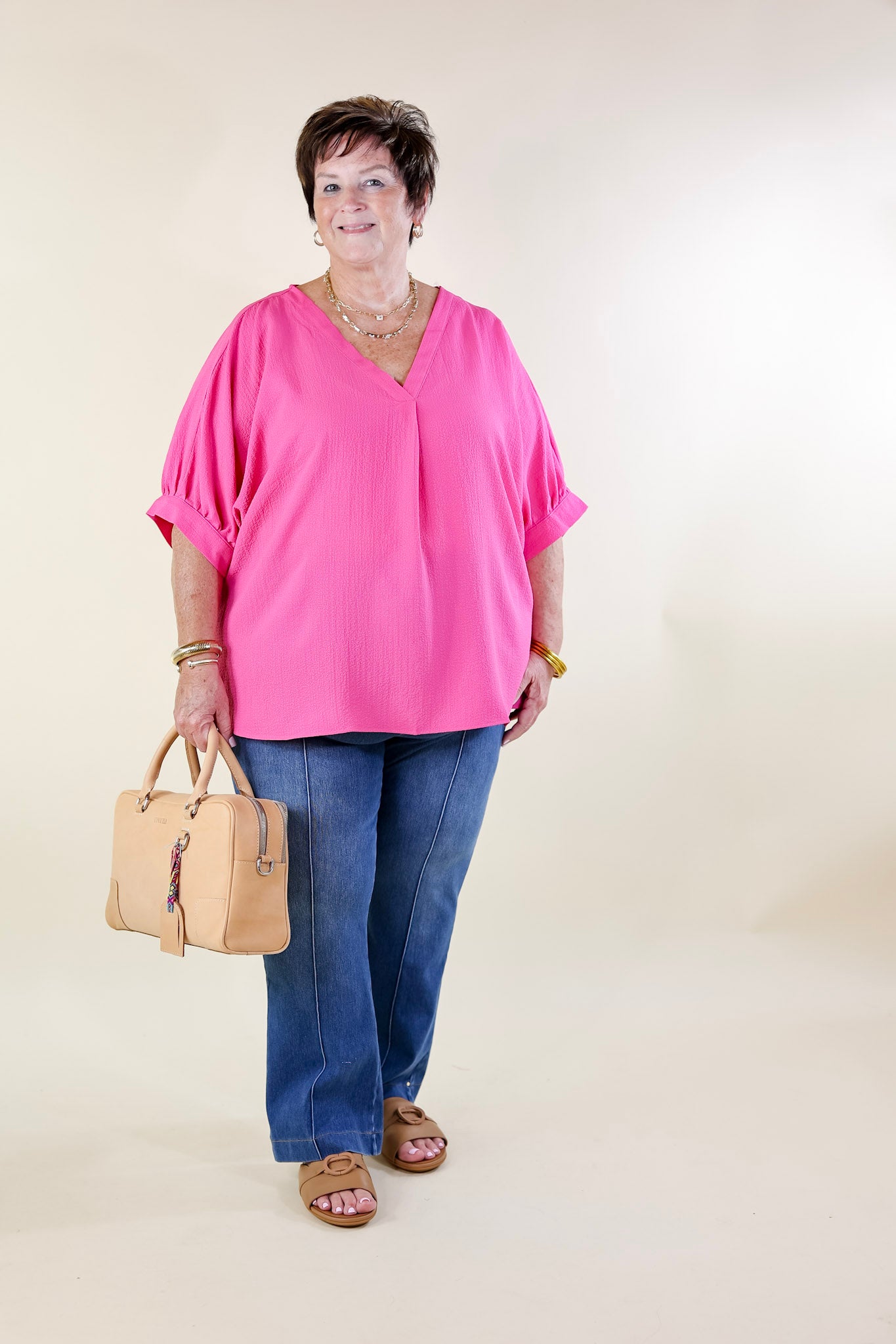 Chic and Charming V Neck Top with 3/4 Sleeves in Hot Pink
