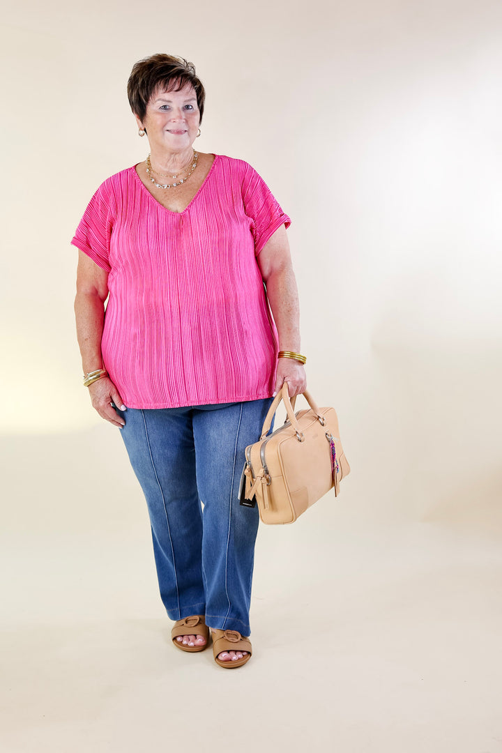 Casual Charm V Neck Plissé Top in Magenta - Giddy Up Glamour Boutique