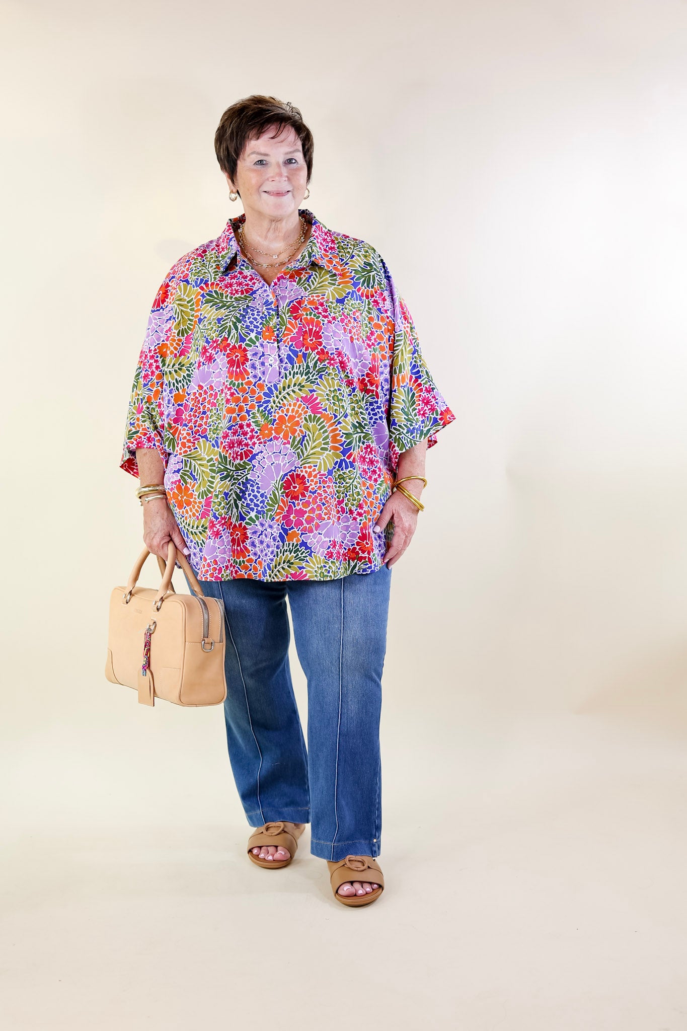 Sweet Surprise Multi-Color Floral Print Half Button Up Poncho Top with Collared Neckline