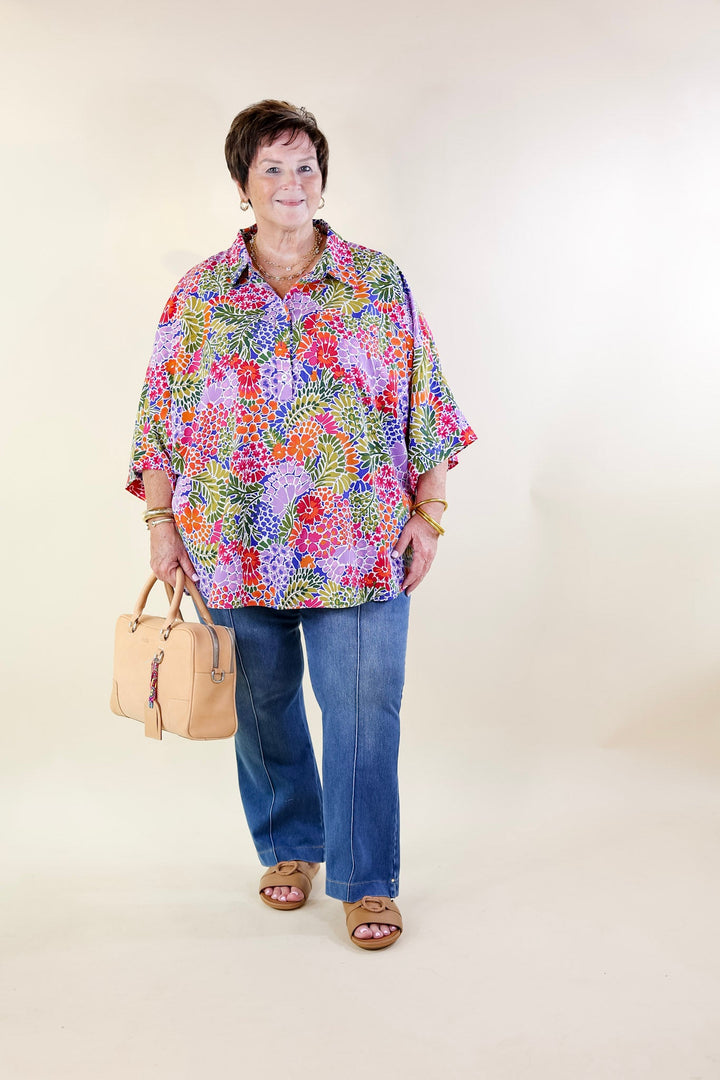 Sweet Surprise Multi-Color Floral Print Half Button Up Poncho Top with Collared Neckline