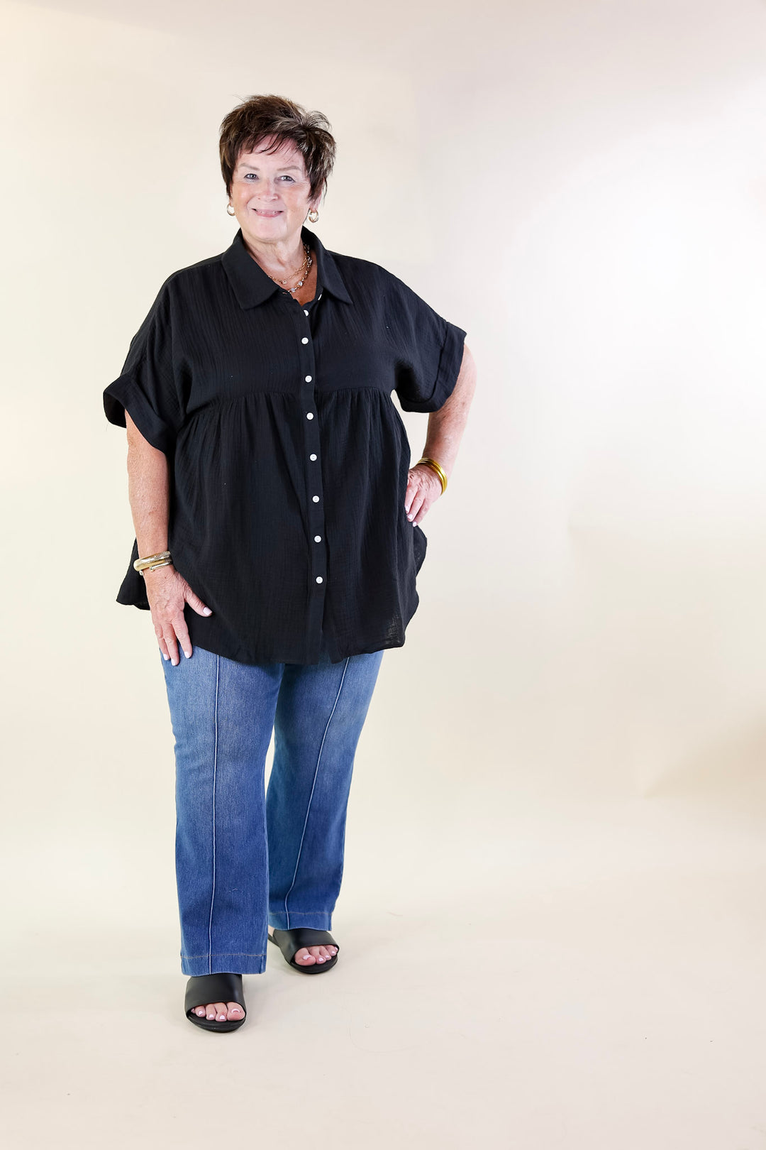 Vacation Vibes Collared Button Up Babydoll Top in Black - Giddy Up Glamour Boutique