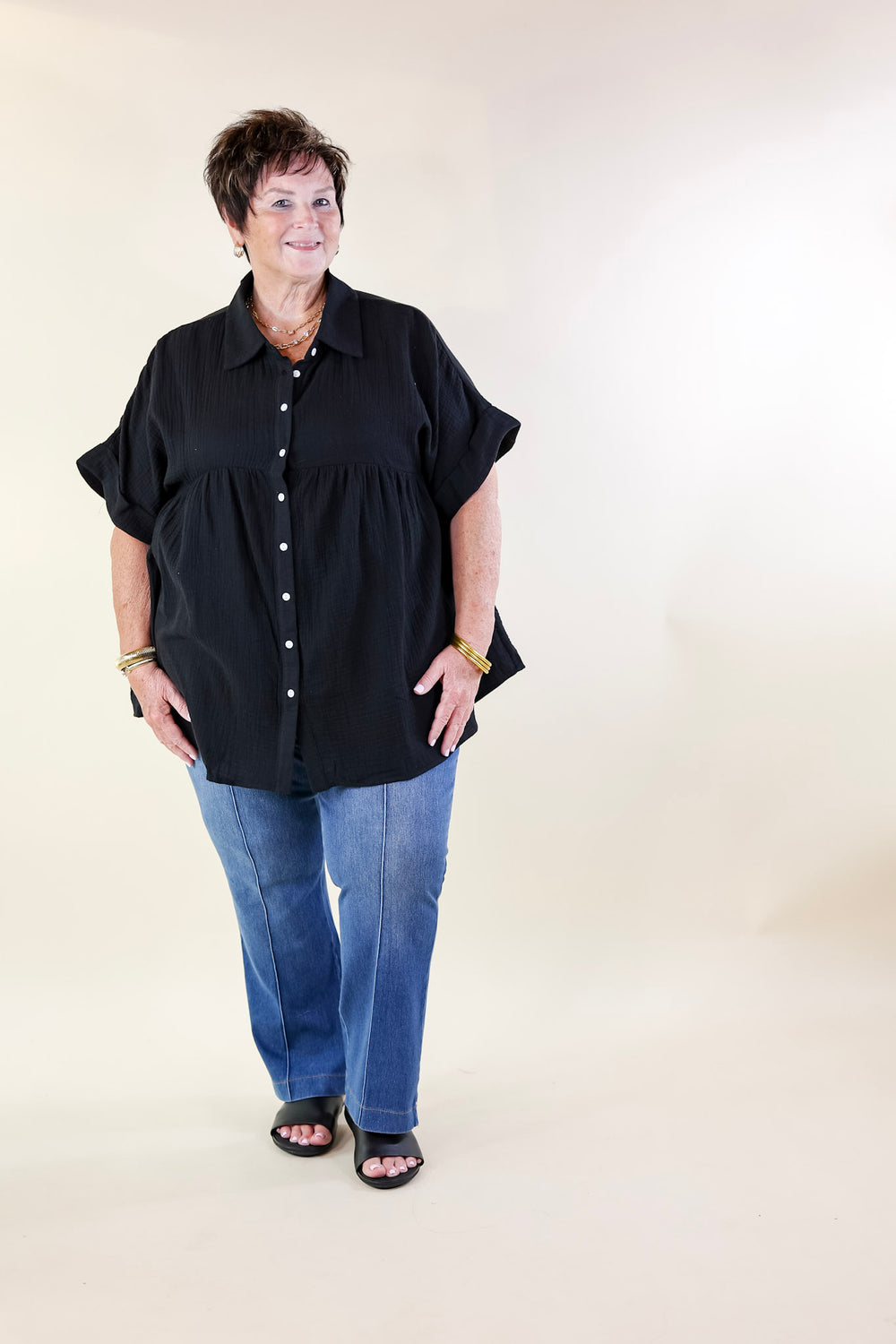 Vacation Vibes Collared Button Up Babydoll Top in Black - Giddy Up Glamour Boutique