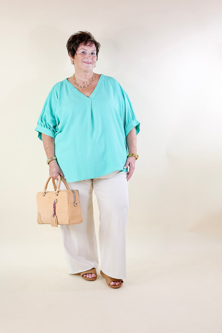 Chic and Charming V Neck Top with 3/4 Sleeves in Emerald Green - Giddy Up Glamour Boutique