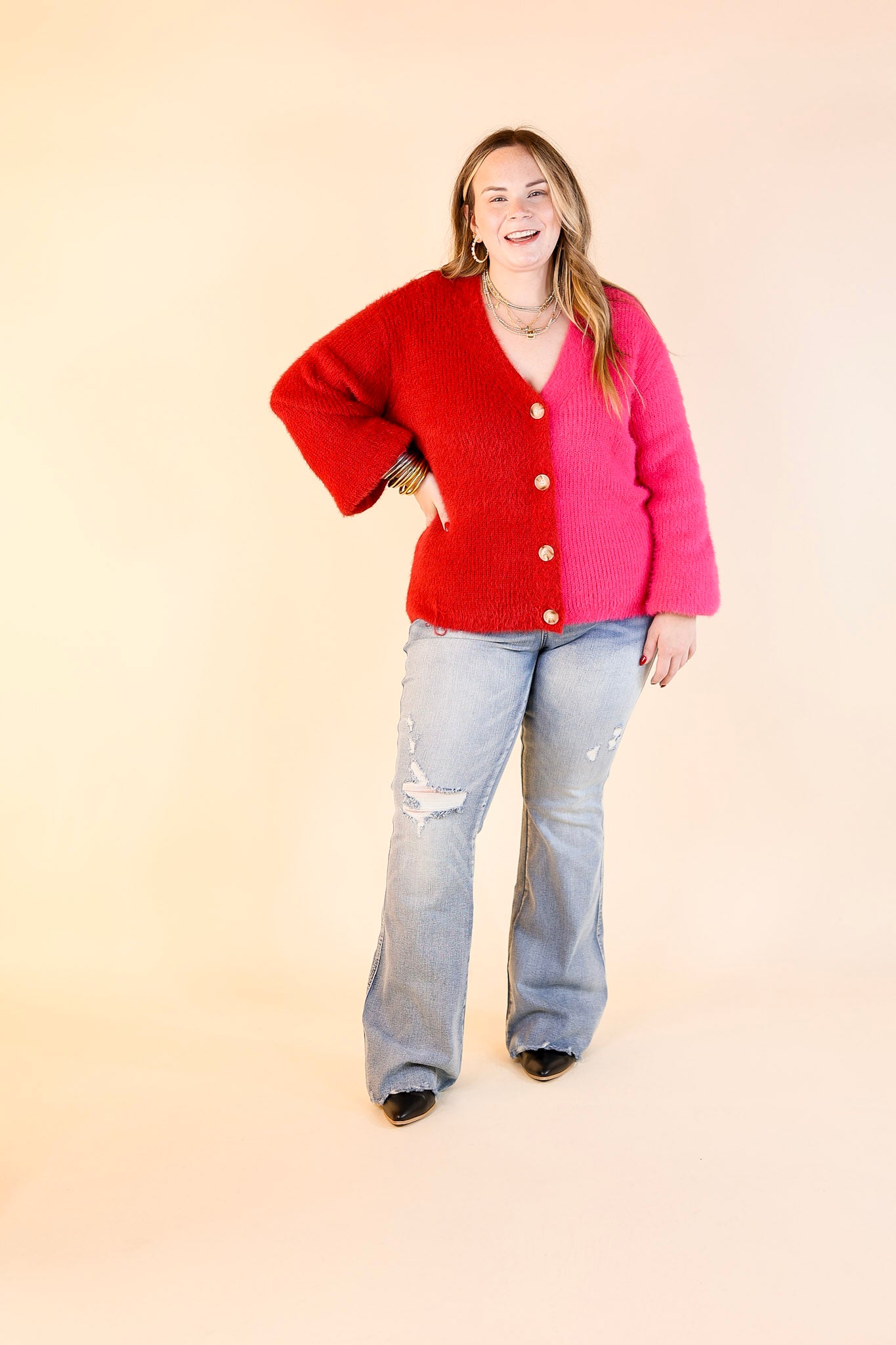 Fireside Feels Color Block Button Up Cardigan with Balloon Sleeves in Hot Pink and Red