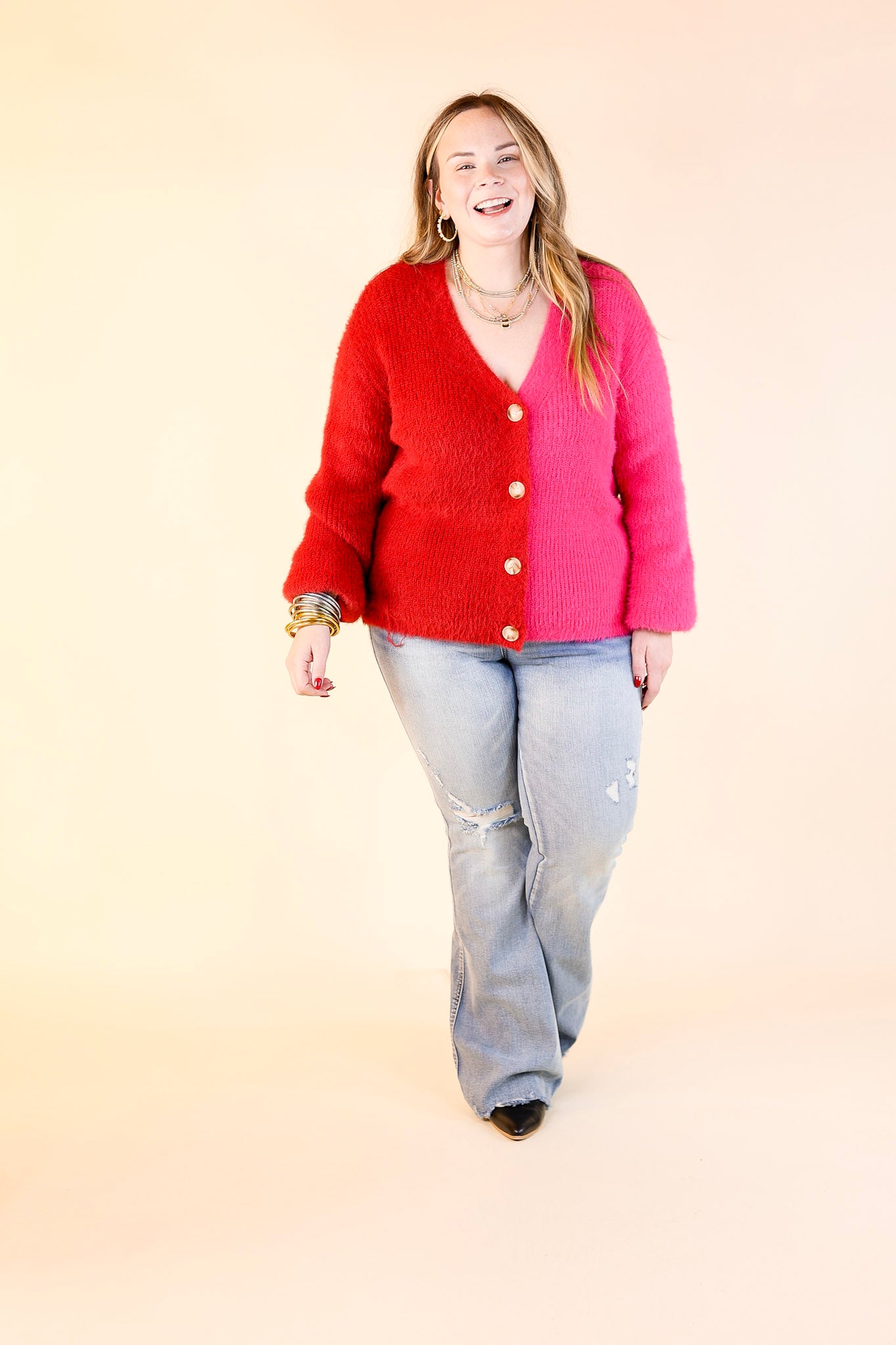 Fireside Feels Color Block Button Up Cardigan with Balloon Sleeves in Hot Pink and Red