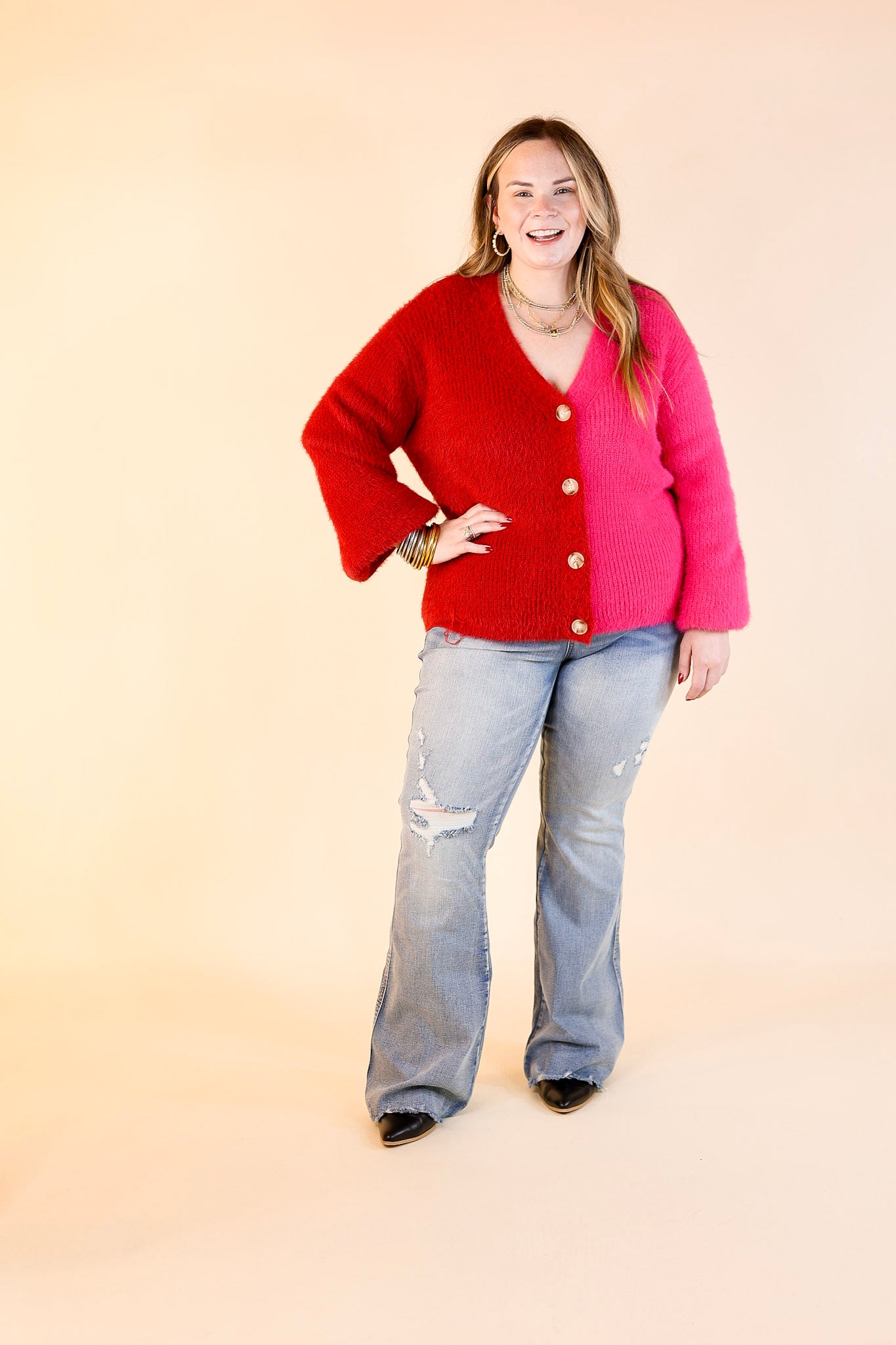 Fireside Feels Color Block Button Up Cardigan with Balloon Sleeves in Hot Pink and Red