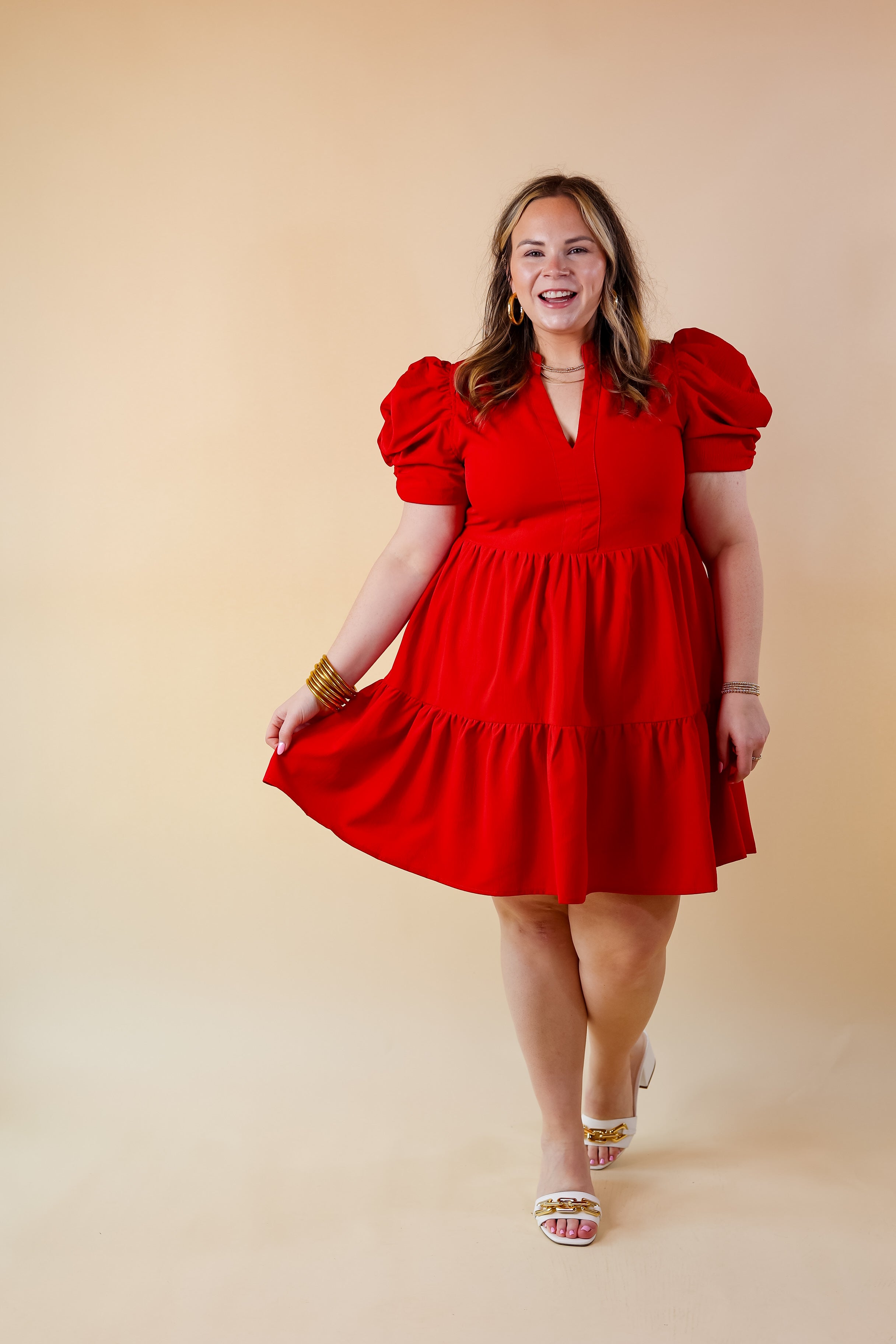 Call Me Chic Balloon Sleeve Short Dress in Red - Giddy Up Glamour Boutique