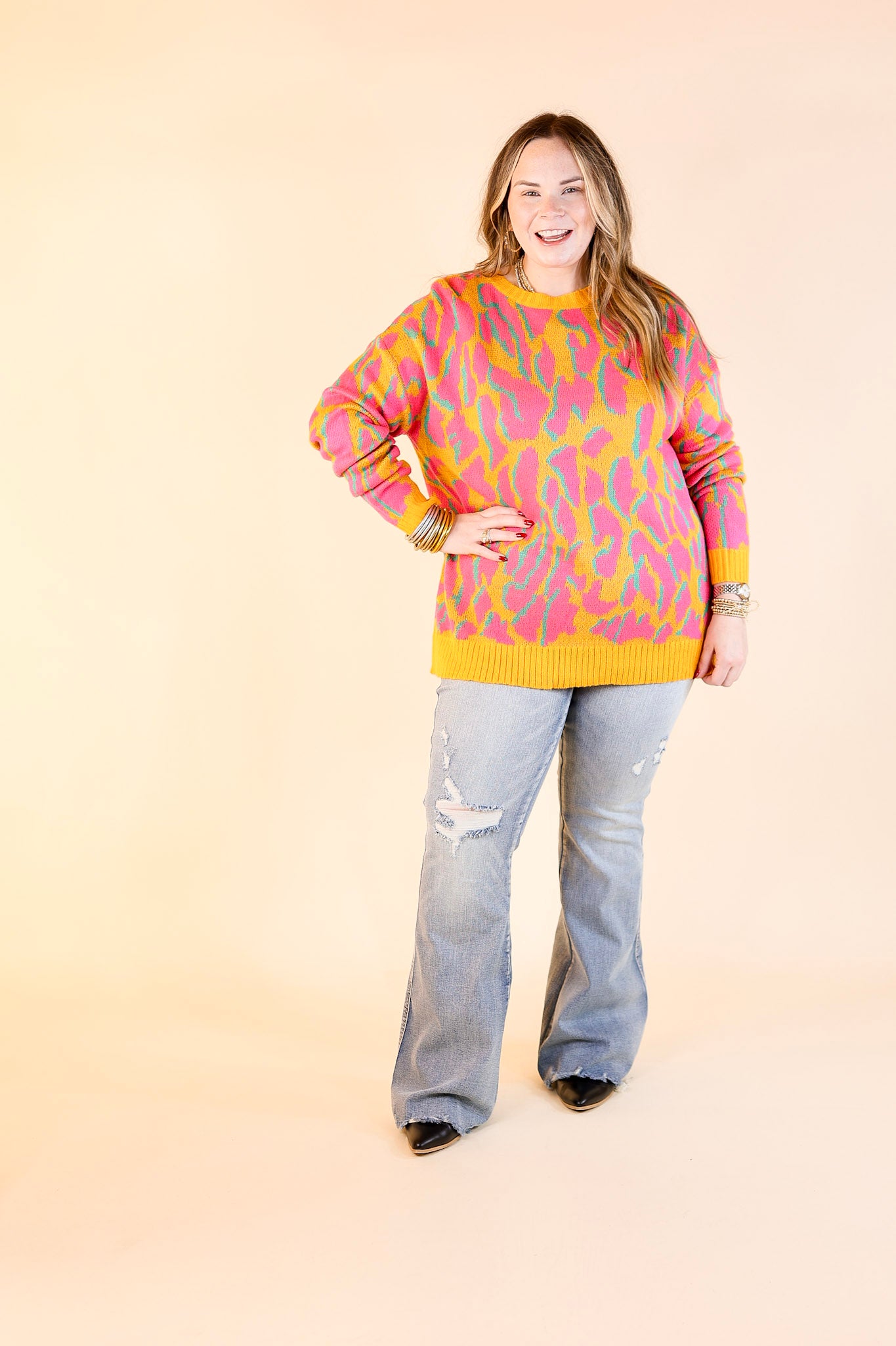 No Hesitation Animal Print Long Sleeve Sweater in Yellow and Neon Pink