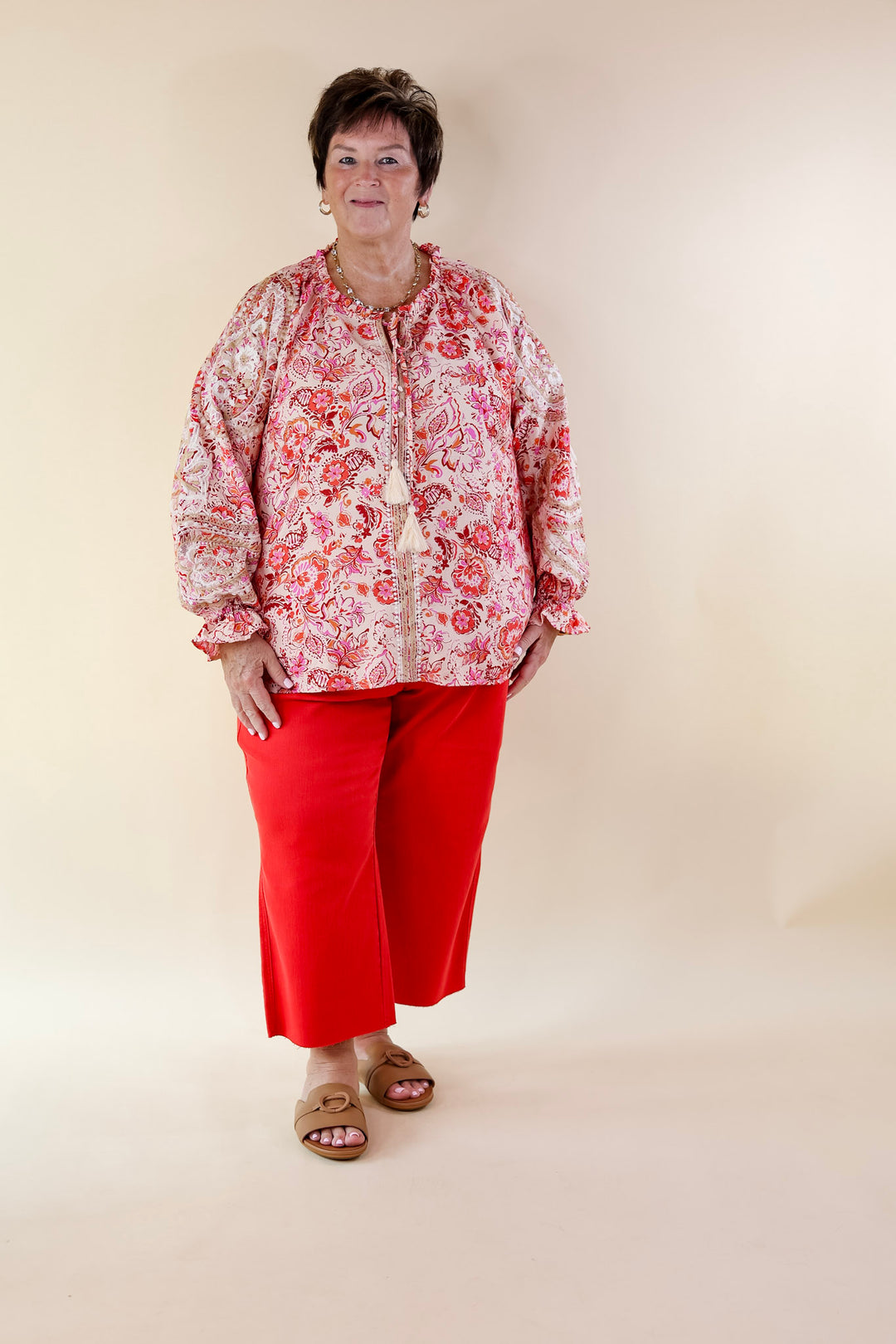 Springtime Delight Long Sleeve Floral Print Top with Embroidery in Ivory - Giddy Up Glamour Boutique