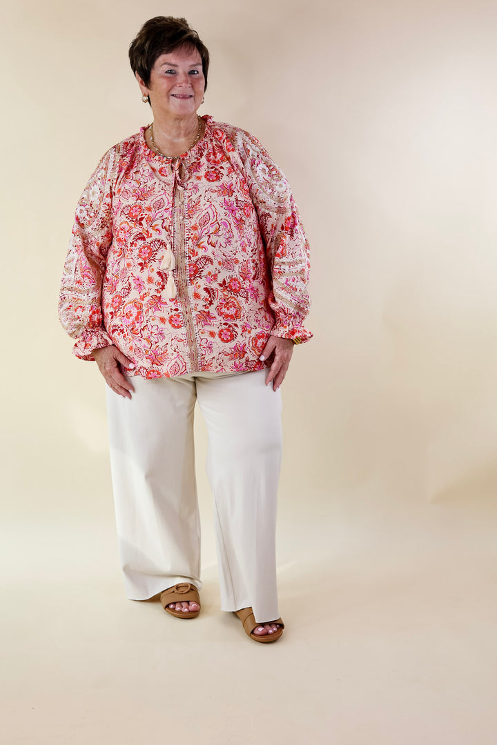 Springtime Delight Long Sleeve Floral Print Top with Embroidery in Ivory - Giddy Up Glamour Boutique