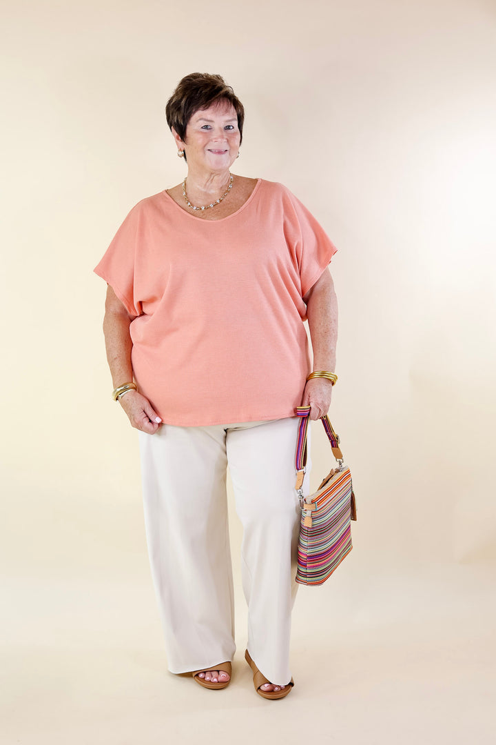 Everyday Essential Short Sleeve Waffle Knit Top in Apricot Coral Orange - Giddy Up Glamour Boutique