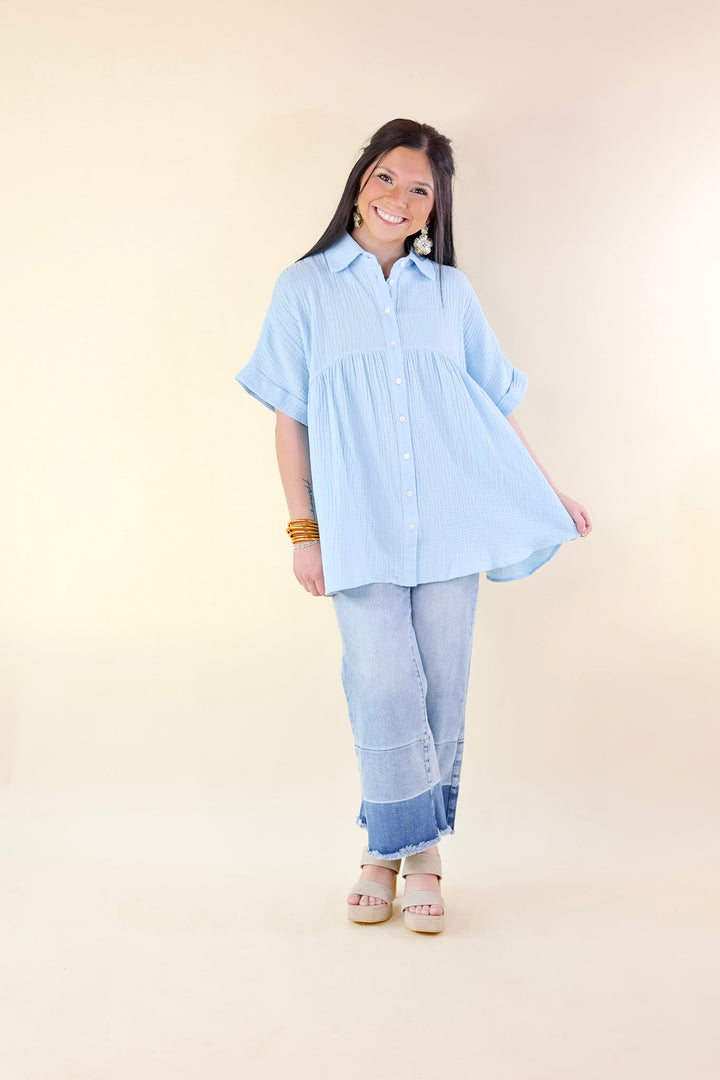 Vacation Vibes Collared Button Up Babydoll Top in Airy Blue - Giddy Up Glamour Boutique