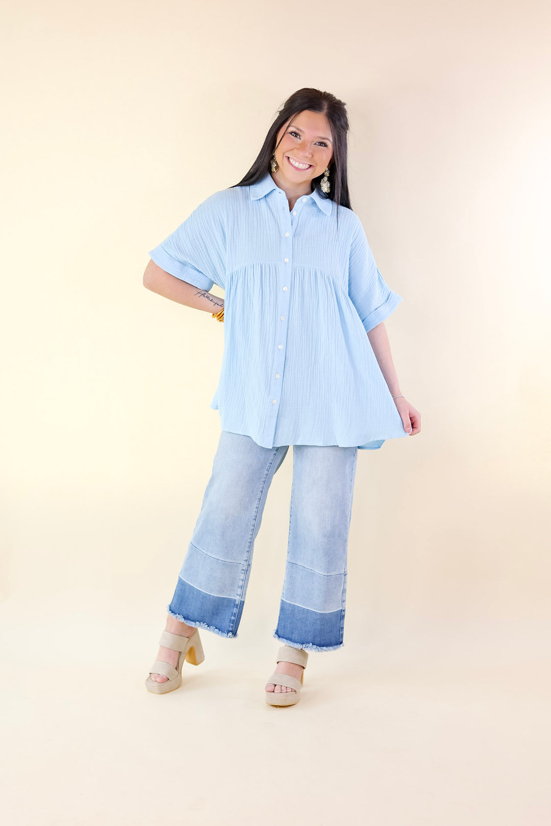 Vacation Vibes Collared Button Up Babydoll Top in Airy Blue - Giddy Up Glamour Boutique