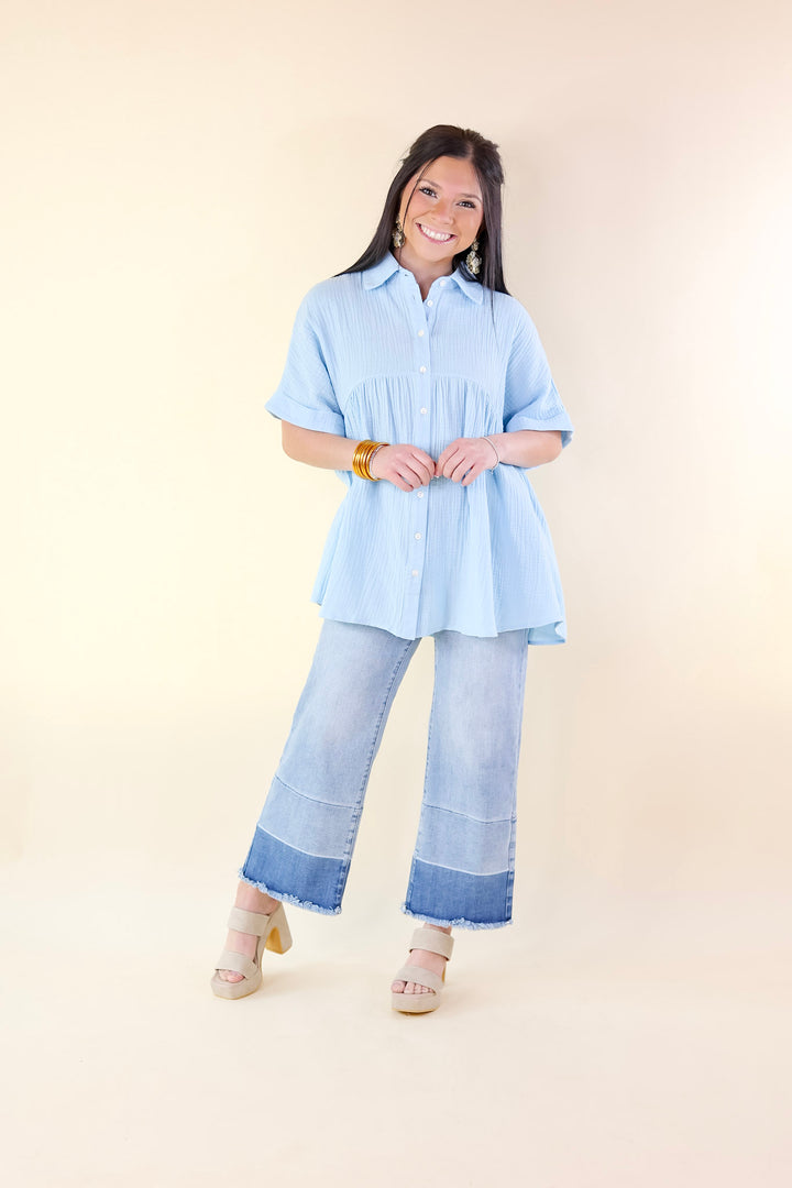 Vacation Vibes Collared Button Up Babydoll Top in Airy Blue - Giddy Up Glamour Boutique