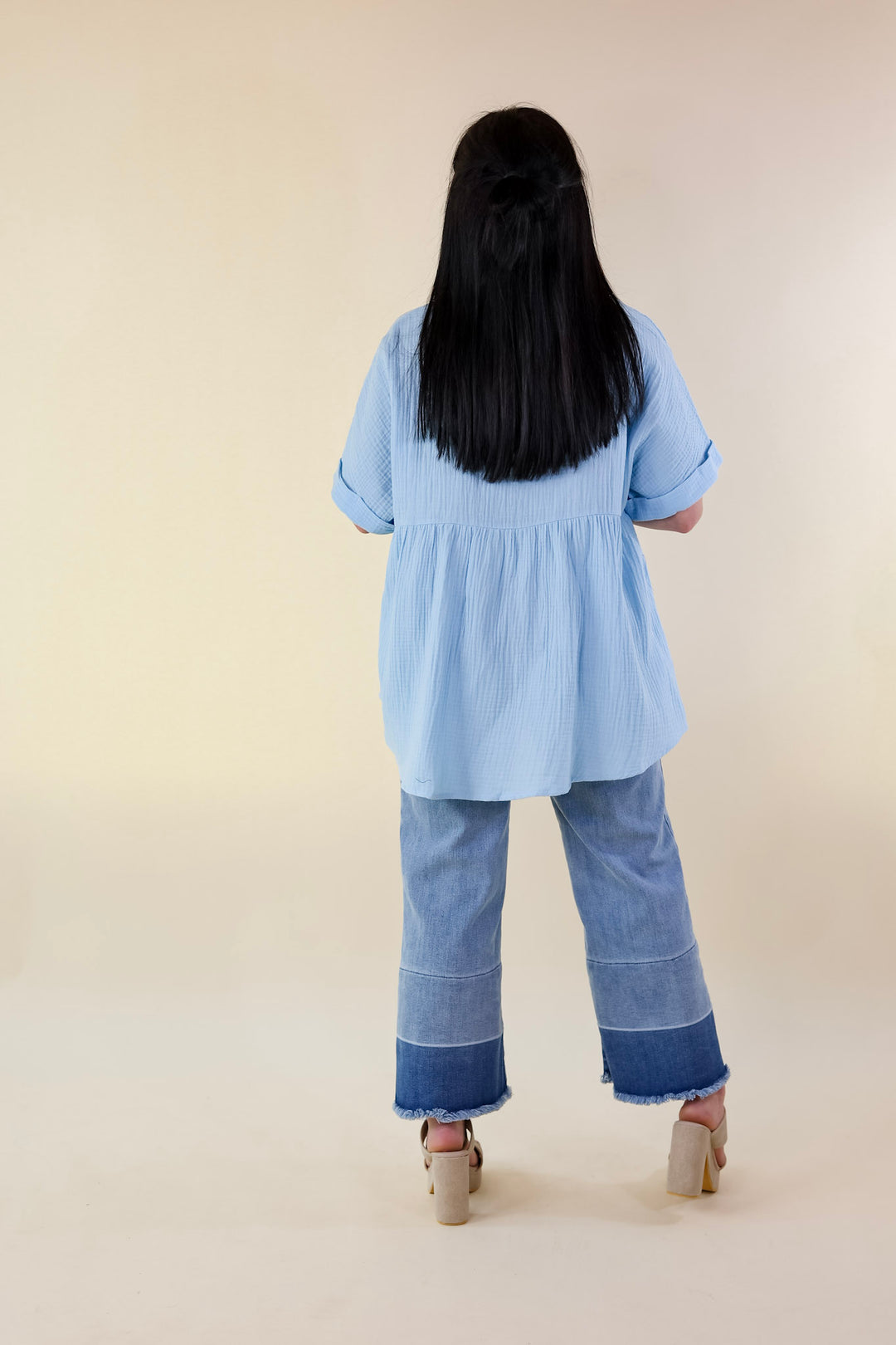 Vacation Vibes Collared Button Up Babydoll Top in Airy Blue - Giddy Up Glamour Boutique