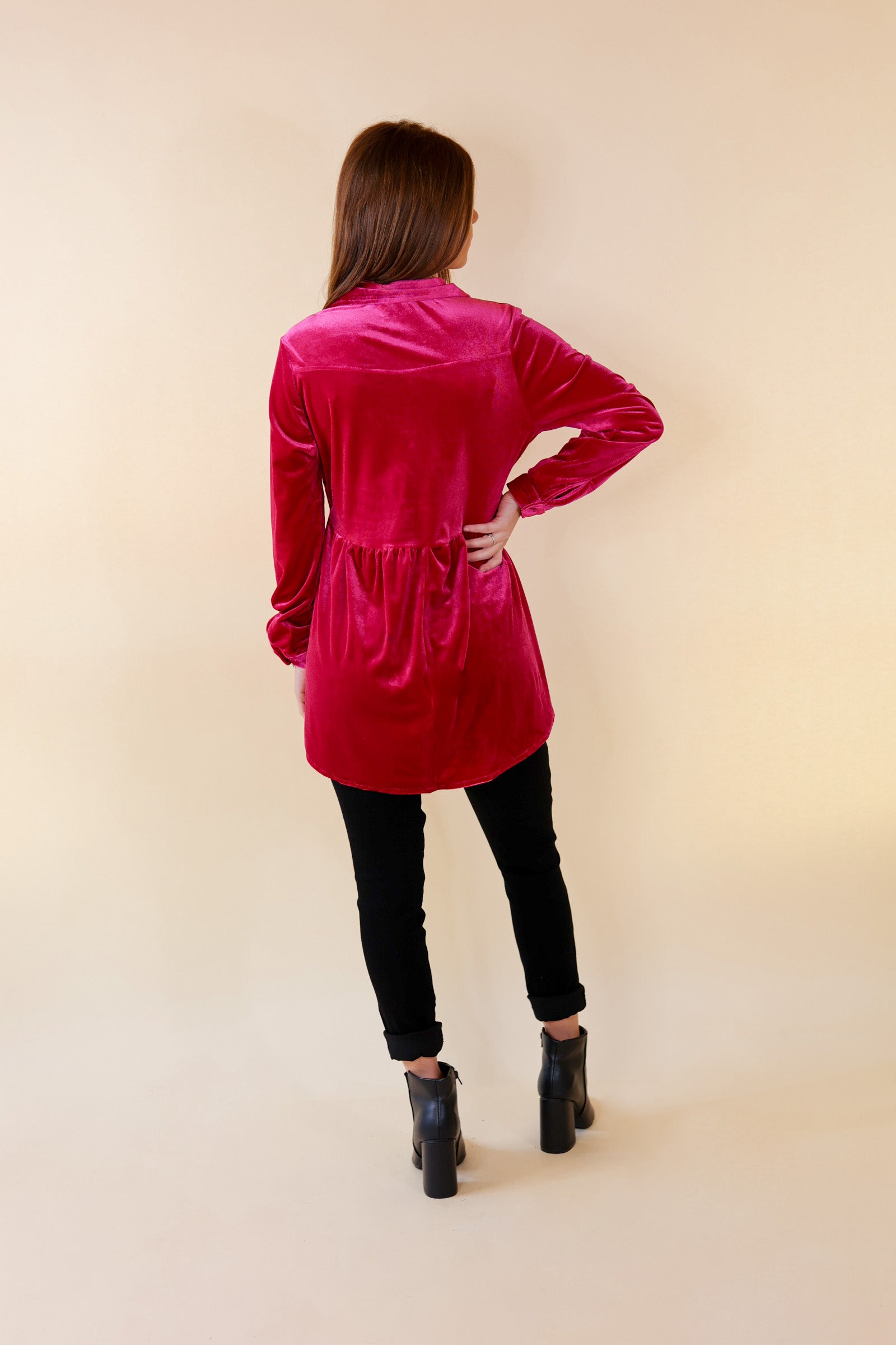 Call Me Yours Button Up Velvet Long Sleeve Babydoll Tunic Top in Raspberry Pink - Giddy Up Glamour Boutique