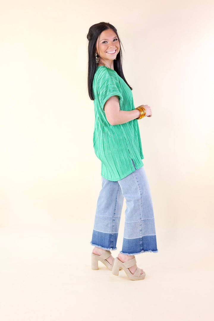 Casual Charm V Neck Plissé Top in Emerald Green - Giddy Up Glamour Boutique