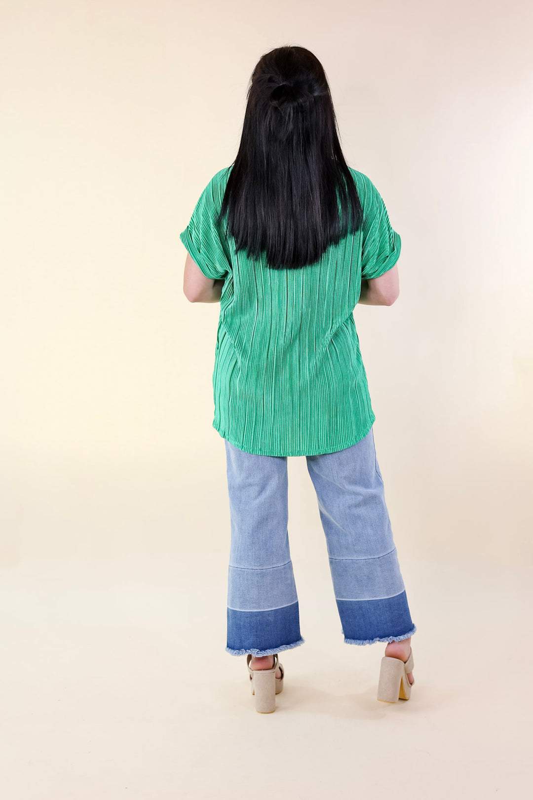 Casual Charm V Neck Plissé Top in Emerald Green - Giddy Up Glamour Boutique