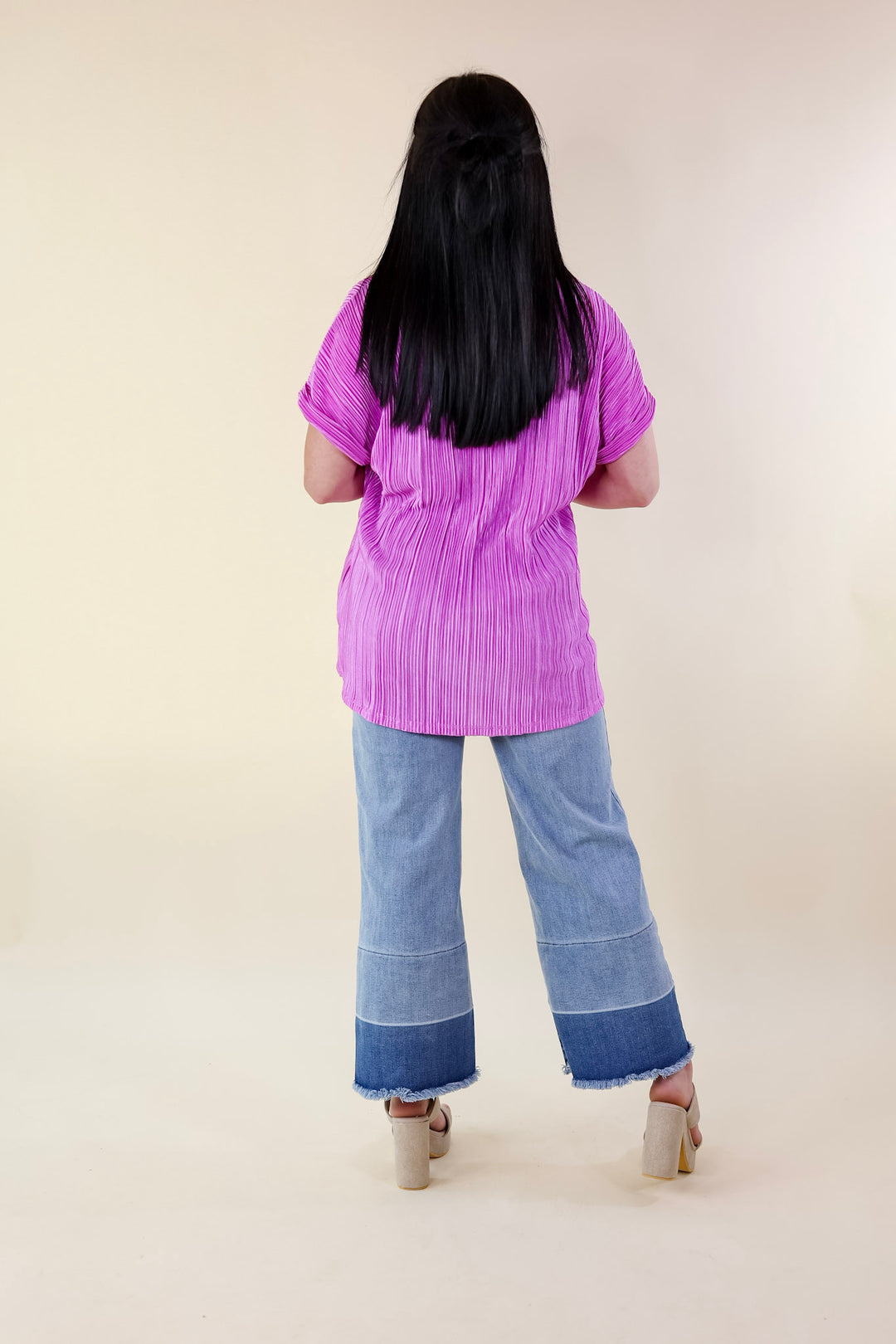 Casual Charm V Neck Plissé Top in Spring Orchid Purple - Giddy Up Glamour Boutique