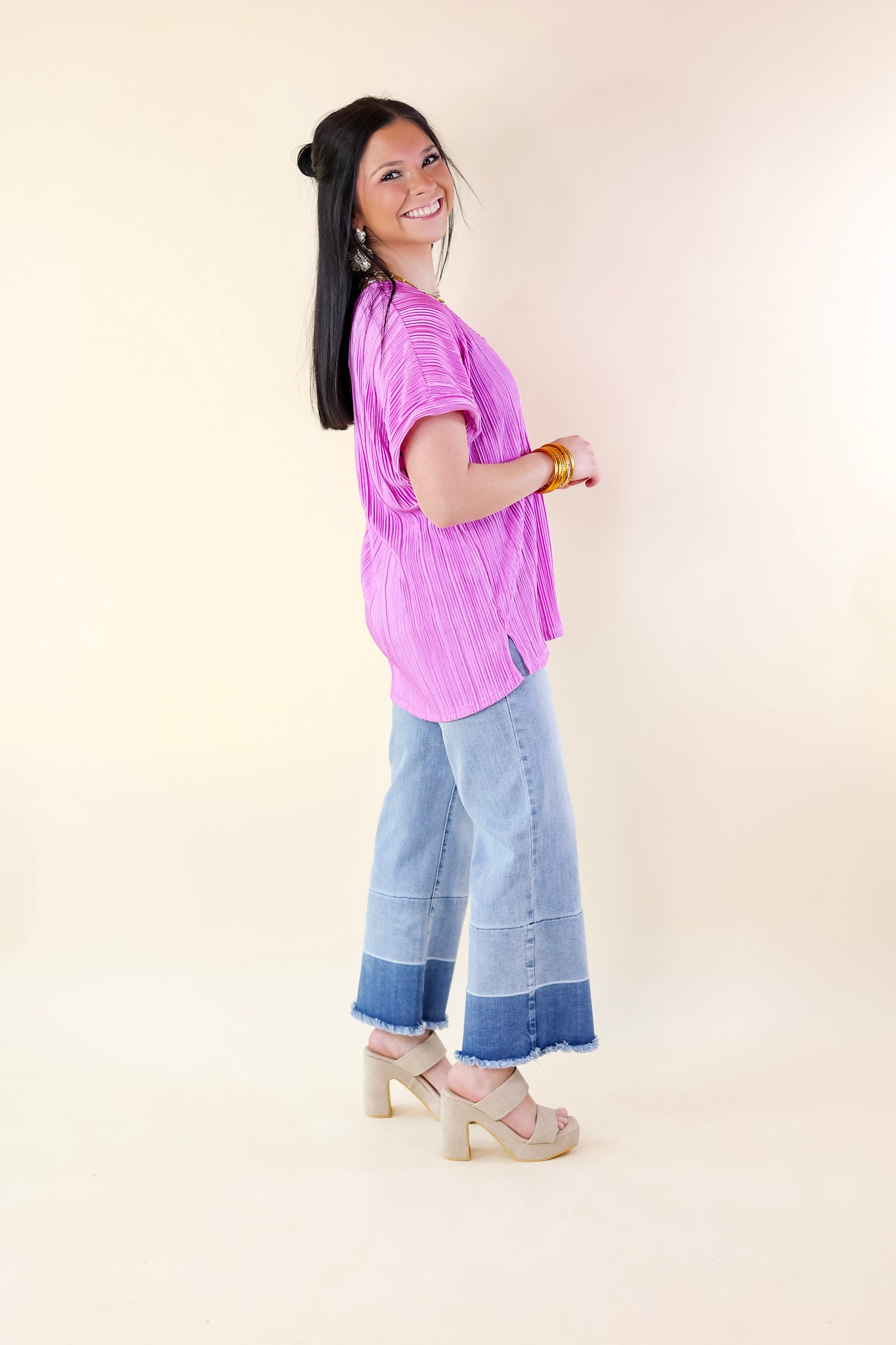 Casual Charm V Neck Plissé Top in Spring Orchid Purple - Giddy Up Glamour Boutique
