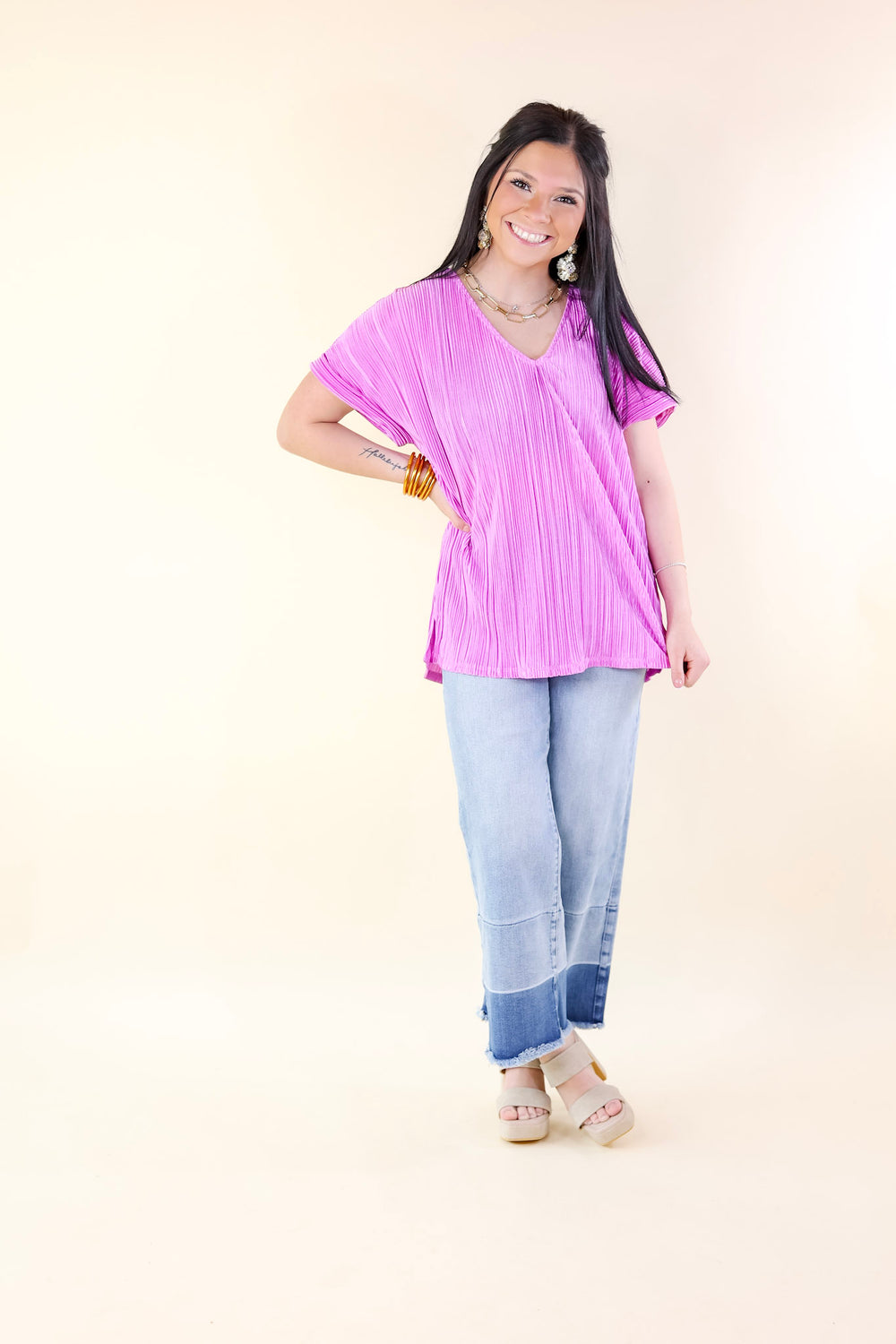 Casual Charm V Neck Plissé Top in Spring Orchid Purple - Giddy Up Glamour Boutique