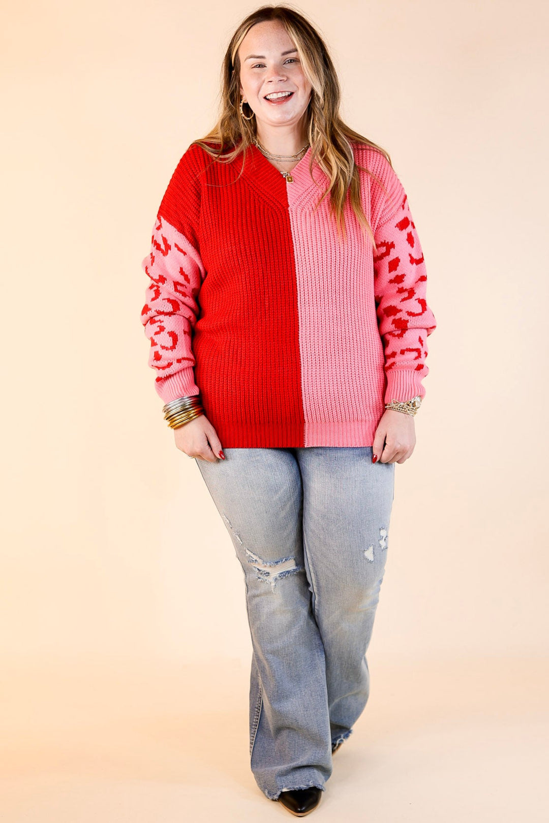 Changing Seasons Leopard Print Long Sleeve Sweater in Pink and Red