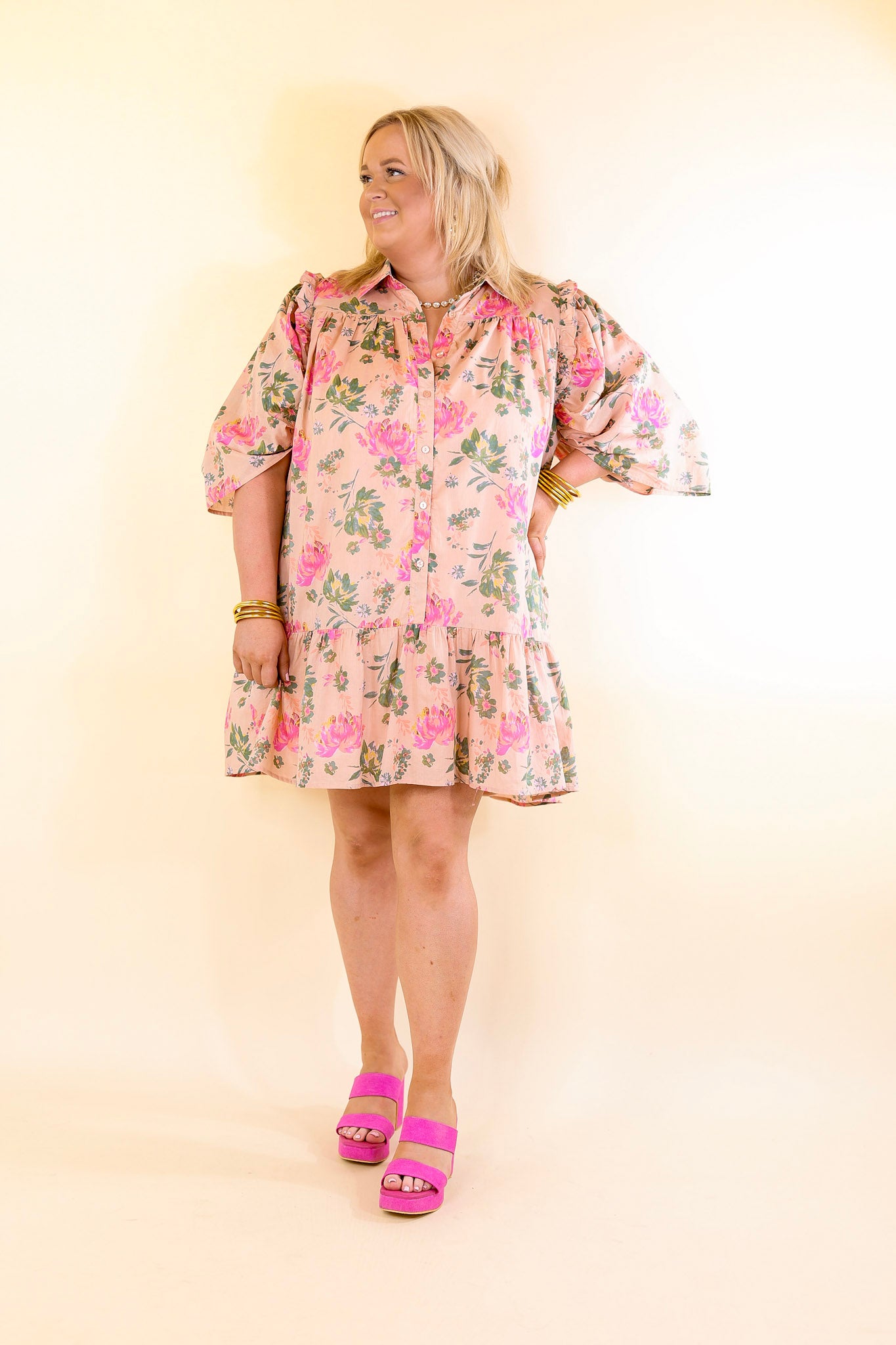 Blooming Chic Button Up Floral Print Dress with Collar in Peach