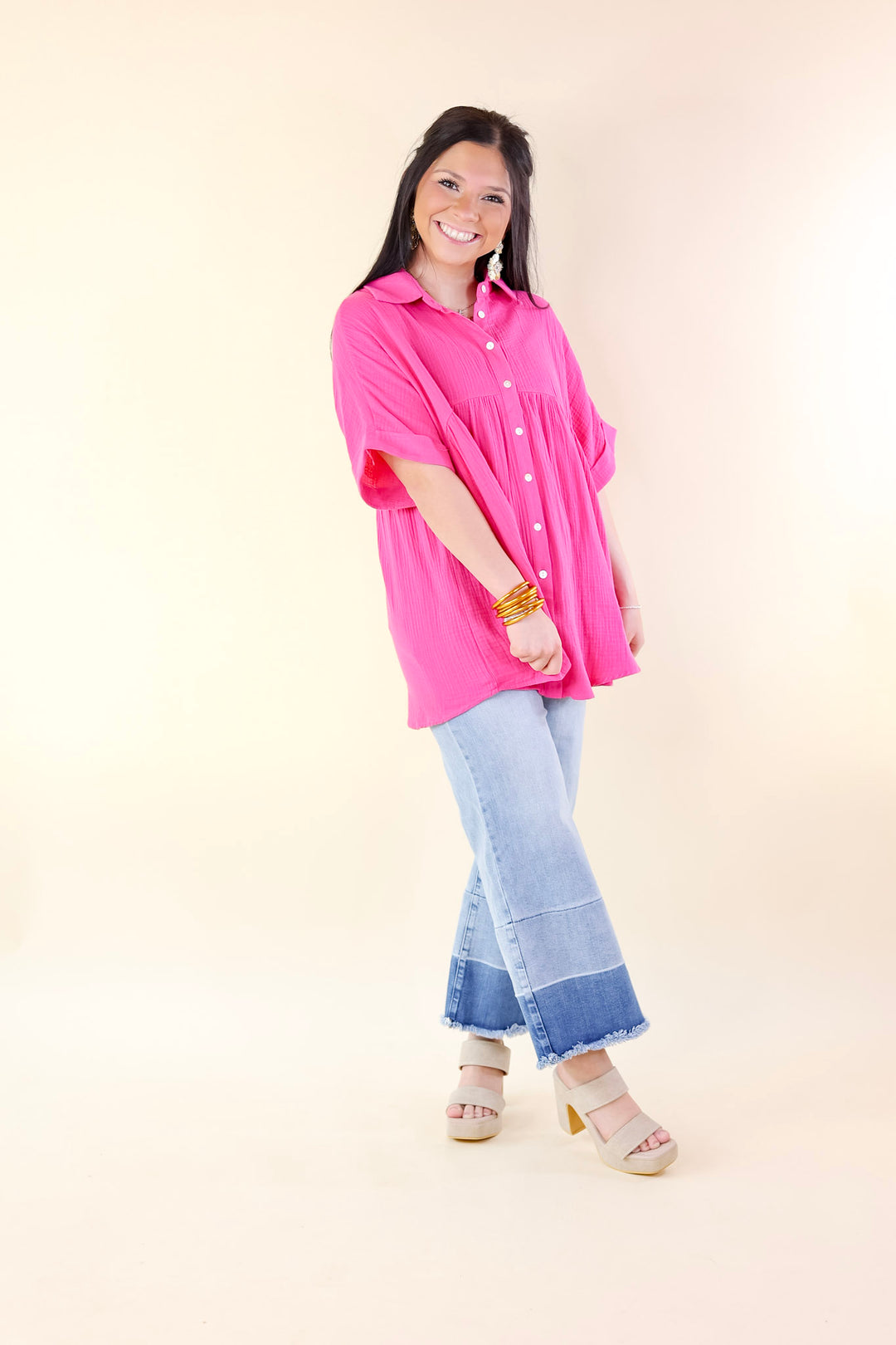 Vacation Vibes Collared Button Up Babydoll Top in Hot Pink - Giddy Up Glamour Boutique
