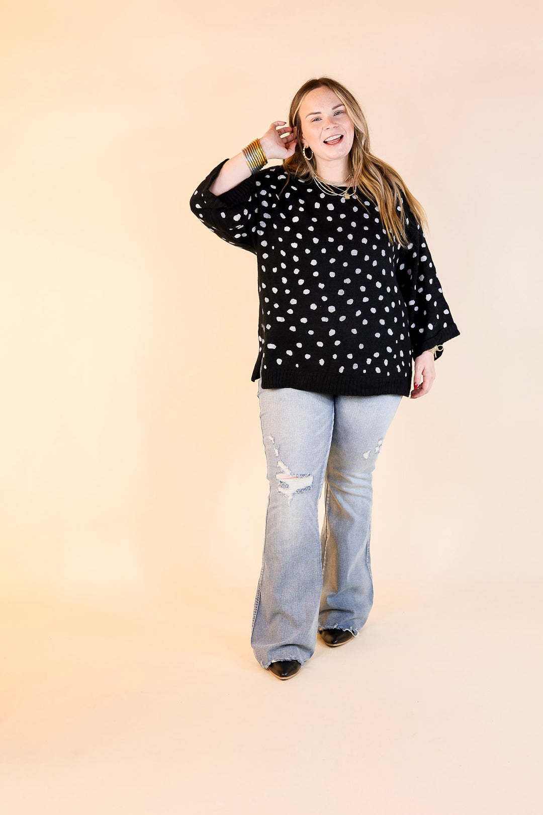 Iced Latte Love Wide 3/4 Sleeve Polka Dot Sweater in Black