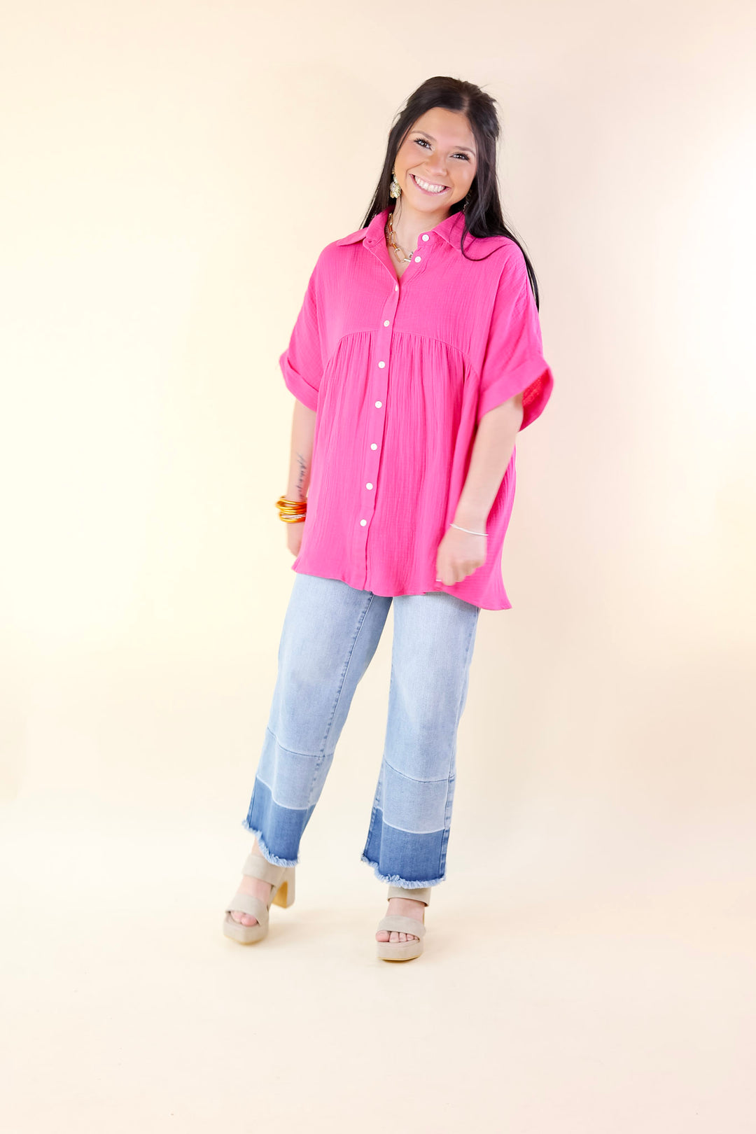 Vacation Vibes Collared Button Up Babydoll Top in Hot Pink - Giddy Up Glamour Boutique