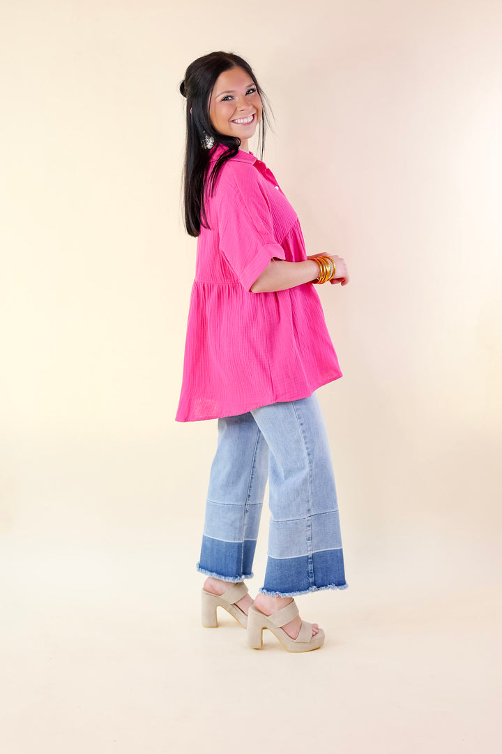 Vacation Vibes Collared Button Up Babydoll Top in Hot Pink - Giddy Up Glamour Boutique
