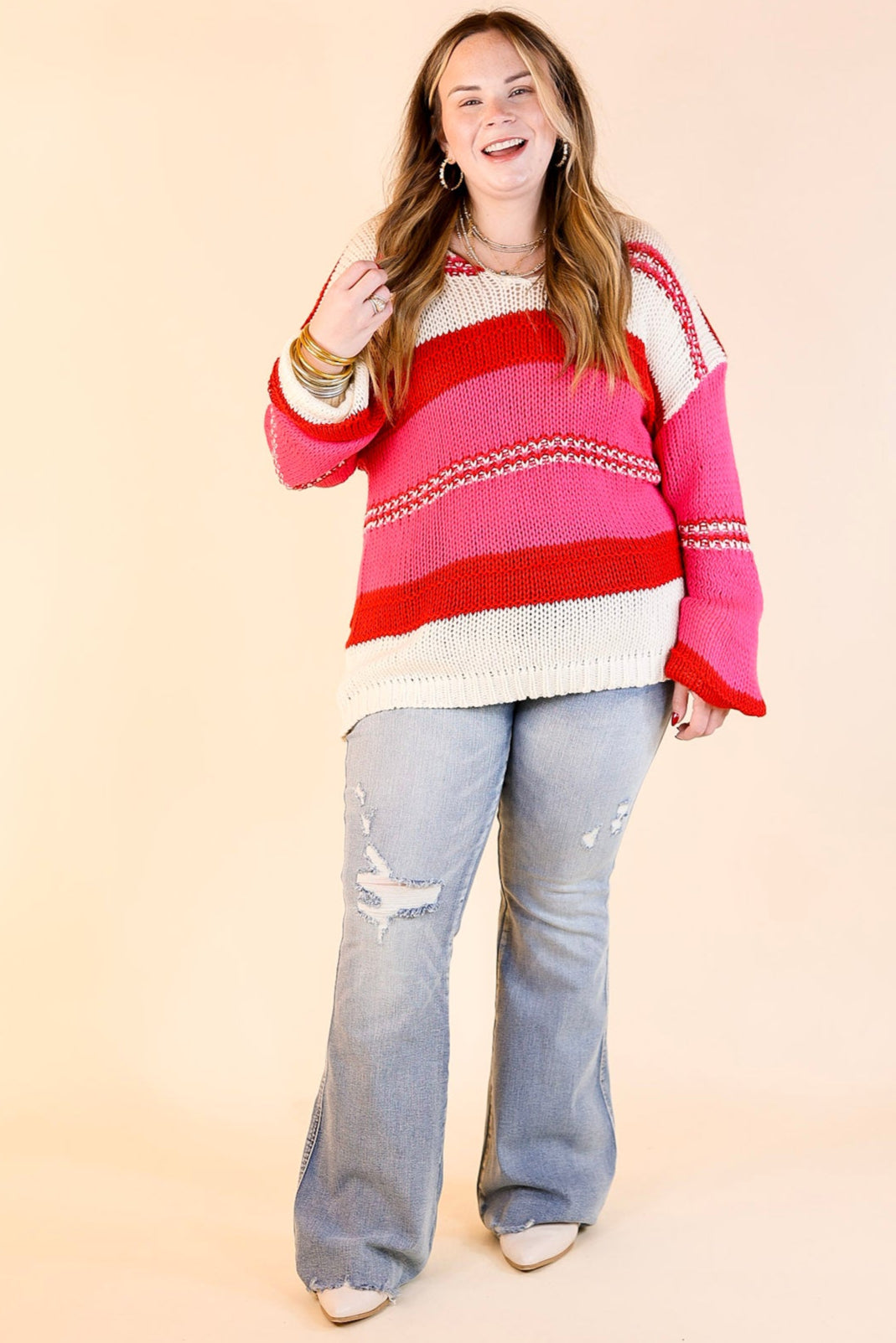 Cozy On Up Long Sleeve Striped Sweater in Red Mix