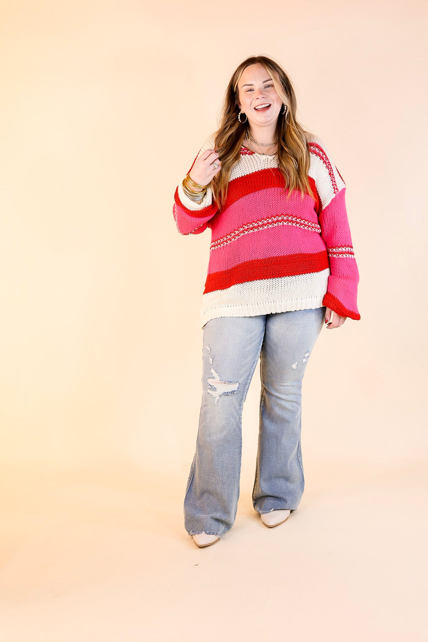 Cozy On Up Long Sleeve Striped Sweater in Red Mix