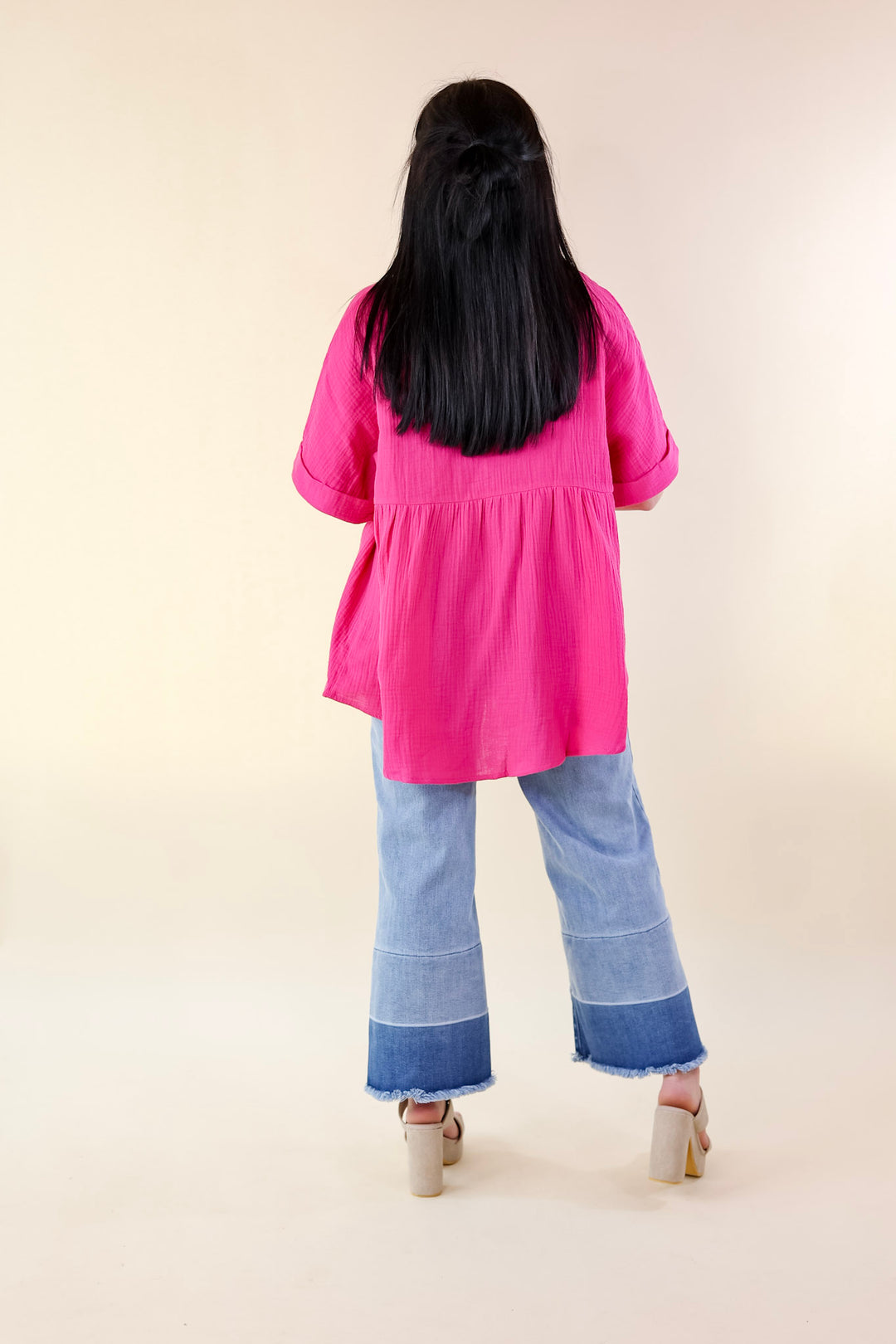 Vacation Vibes Collared Button Up Babydoll Top in Hot Pink - Giddy Up Glamour Boutique