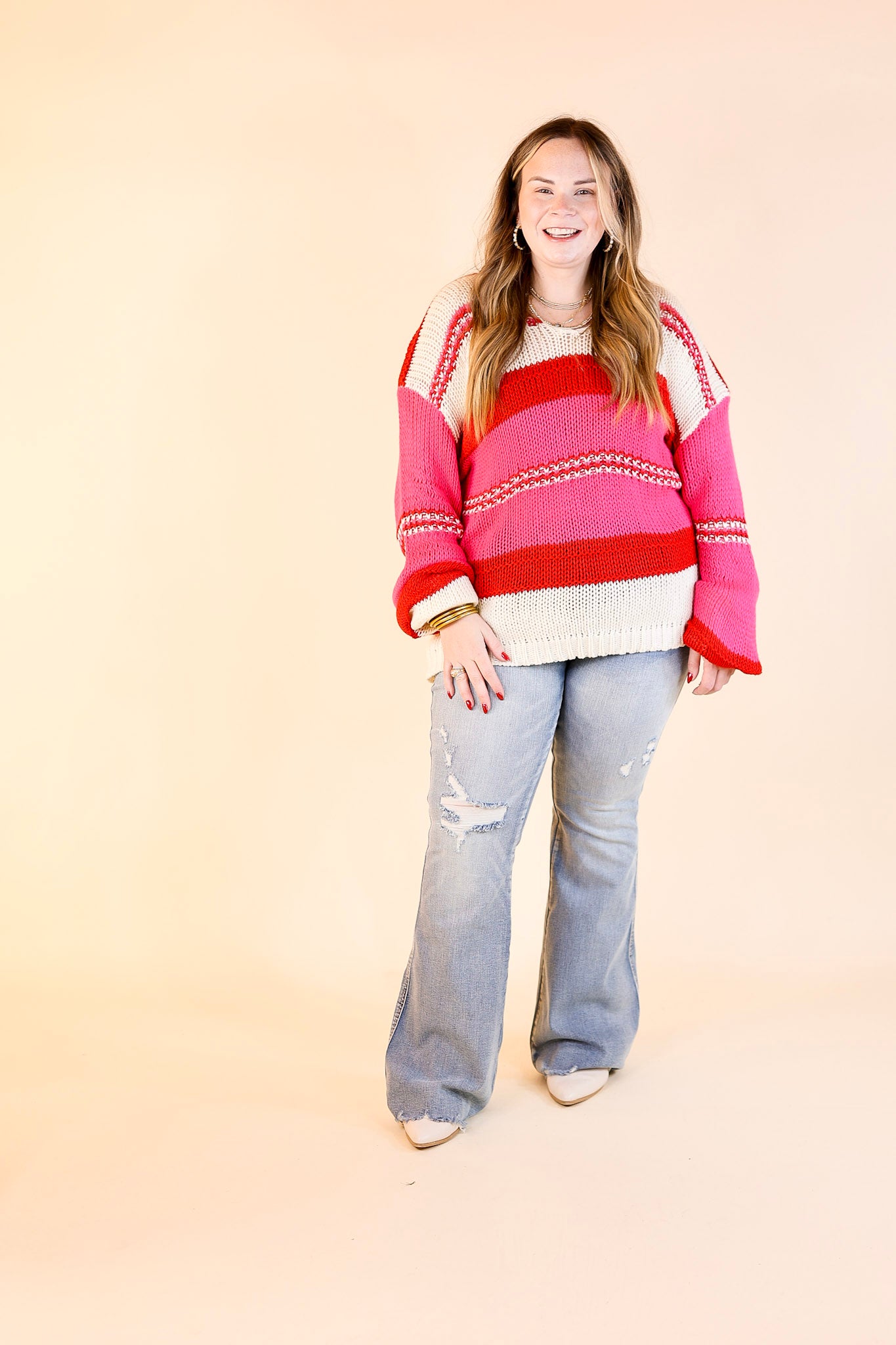 Cozy On Up Long Sleeve Striped Sweater in Red Mix