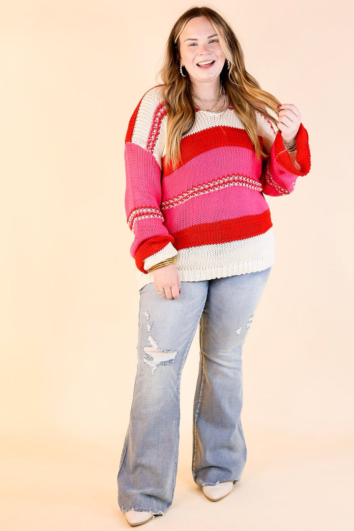 Cozy On Up Long Sleeve Striped Sweater in Red Mix