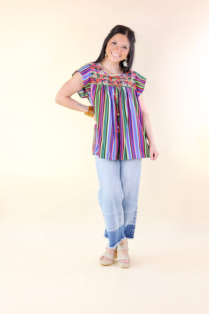 Lajitas Lady Striped Babydoll Top with Floral Embroidery in Green Mix - Giddy Up Glamour Boutique