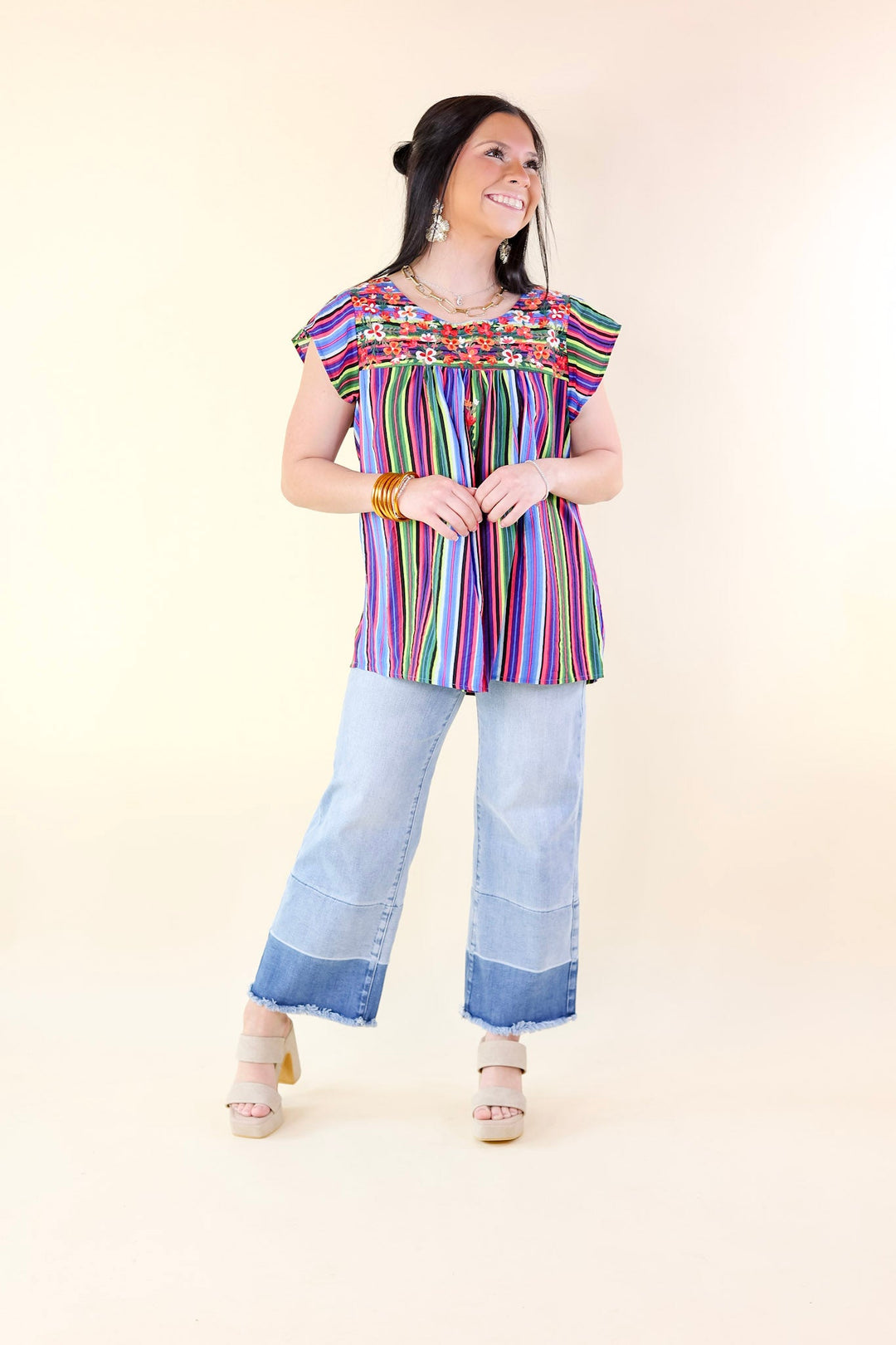 Lajitas Lady Striped Babydoll Top with Floral Embroidery in Green Mix - Giddy Up Glamour Boutique