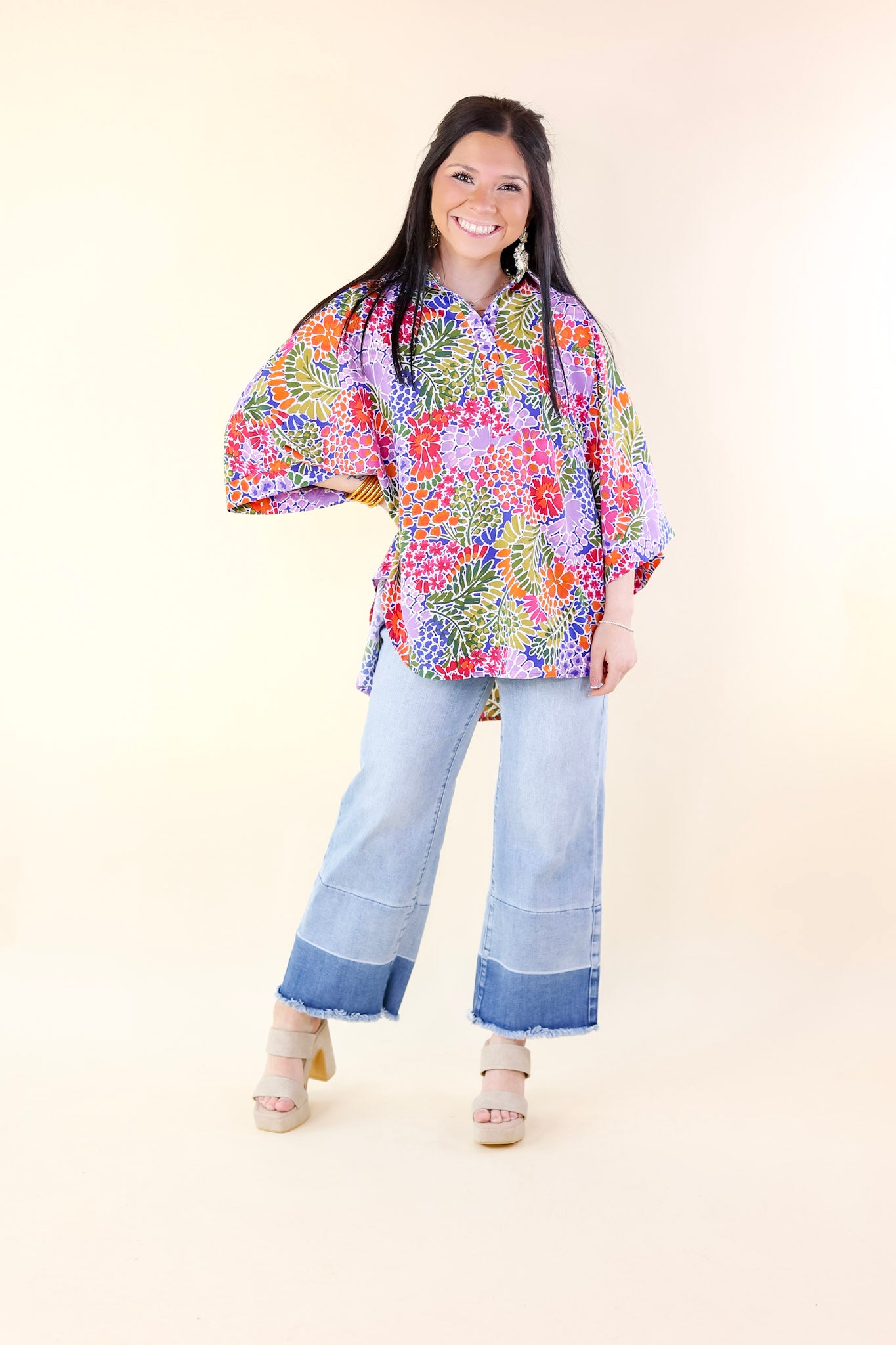 Sweet Surprise Multi-Color Floral Print Half Button Up Poncho Top with Collared Neckline - Giddy Up Glamour Boutique