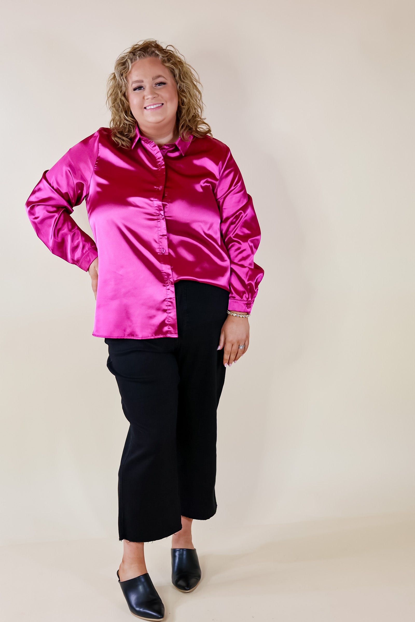 Down To Disco Satin Long Sleeve Button Up Top in Magenta - Giddy Up Glamour Boutique