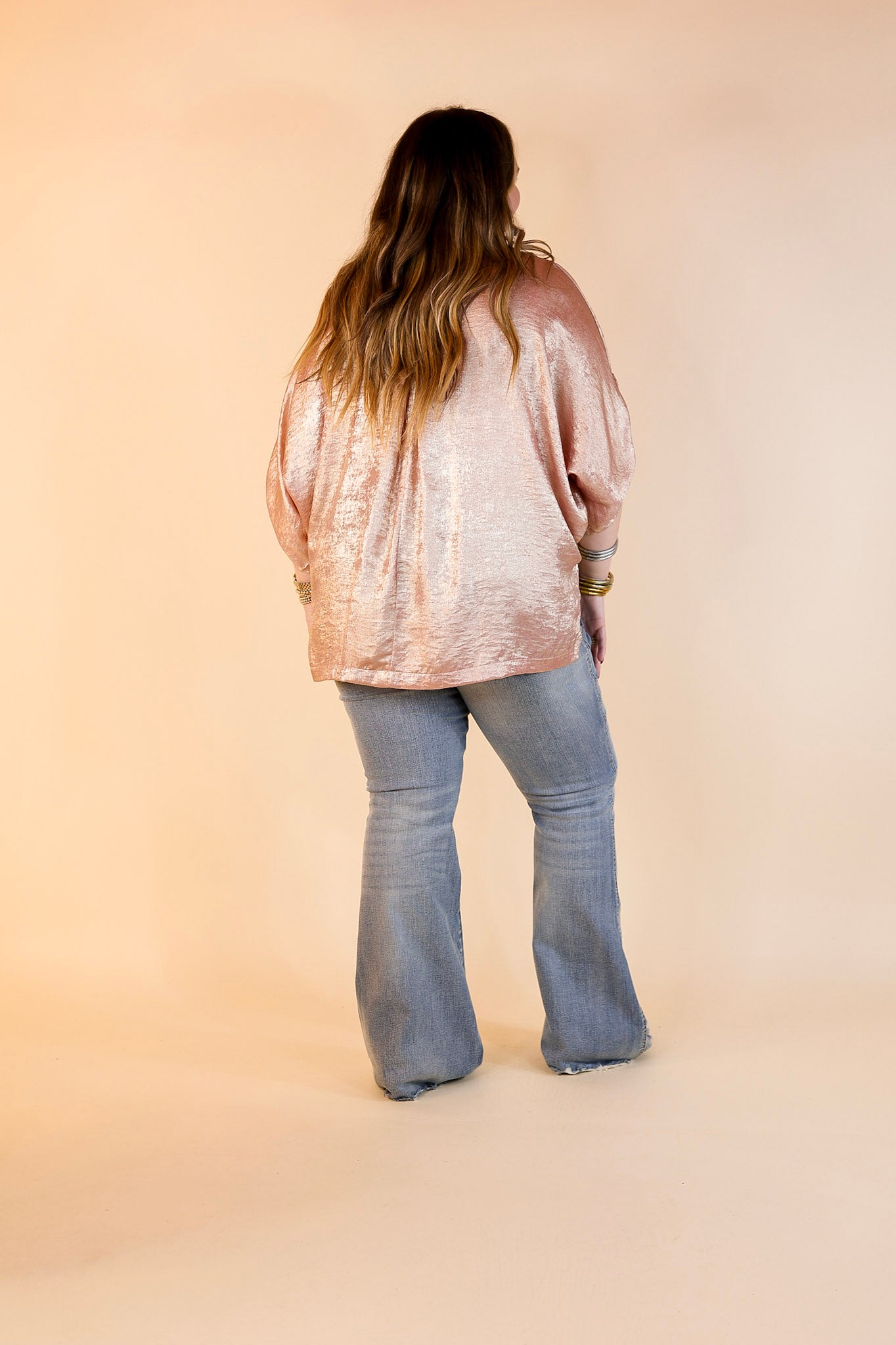 Gleam and Glow Metallic V Neck Top with 3/4 Sleeves in Rose Gold Pink