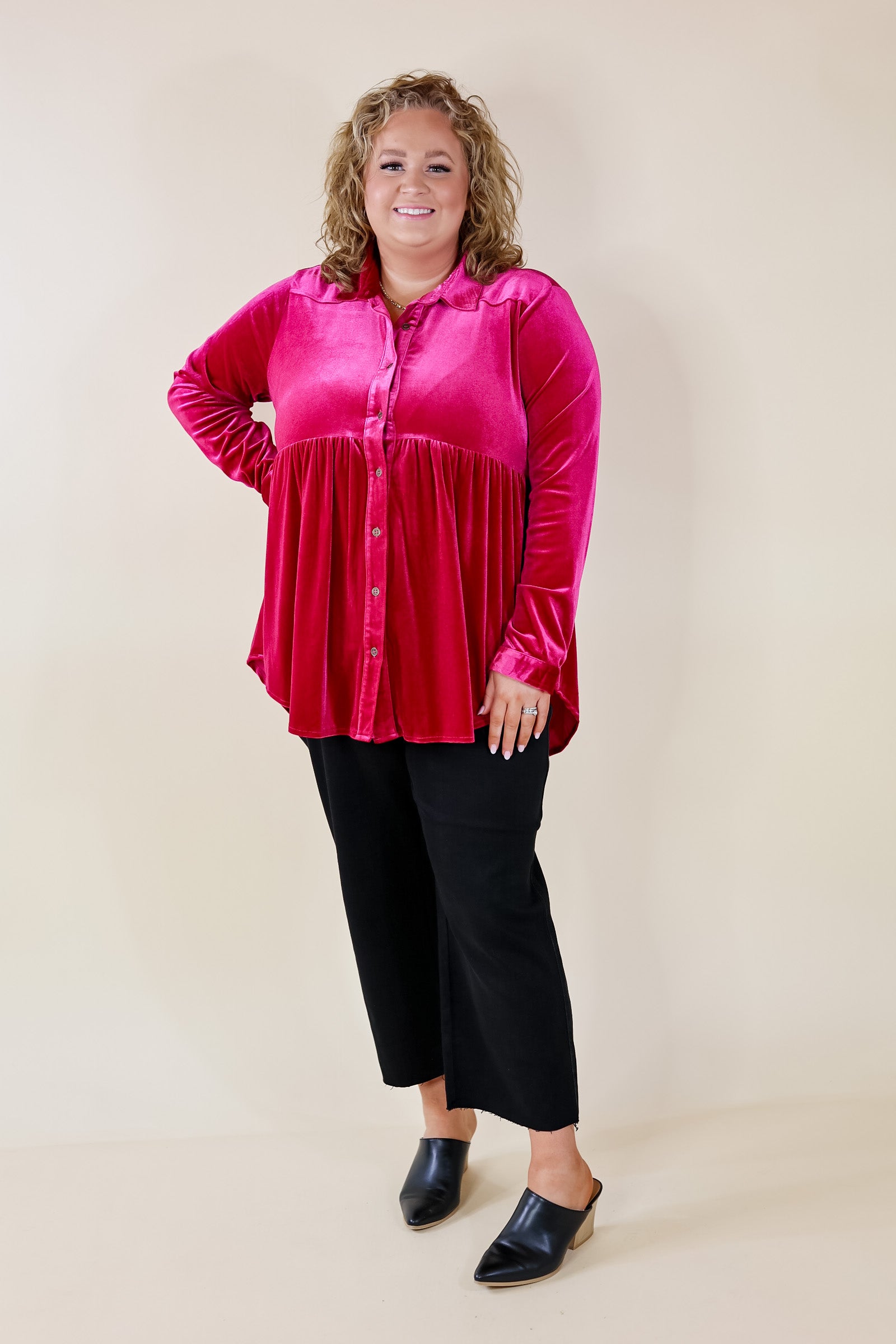Call Me Yours Button Up Velvet Long Sleeve Babydoll Tunic Top in Raspberry Pink - Giddy Up Glamour Boutique