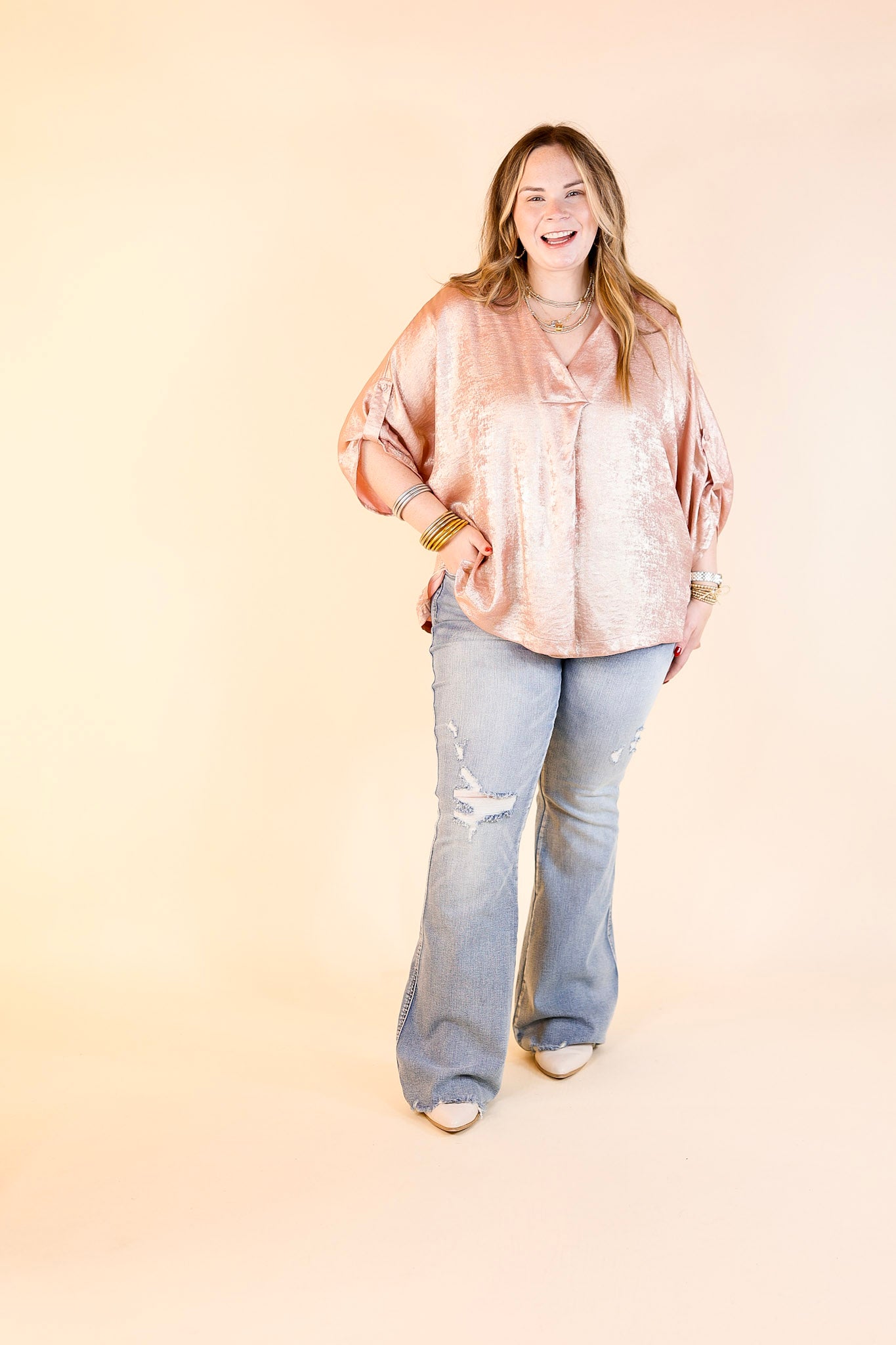 Gleam and Glow Metallic V Neck Top with 3/4 Sleeves in Rose Gold Pink