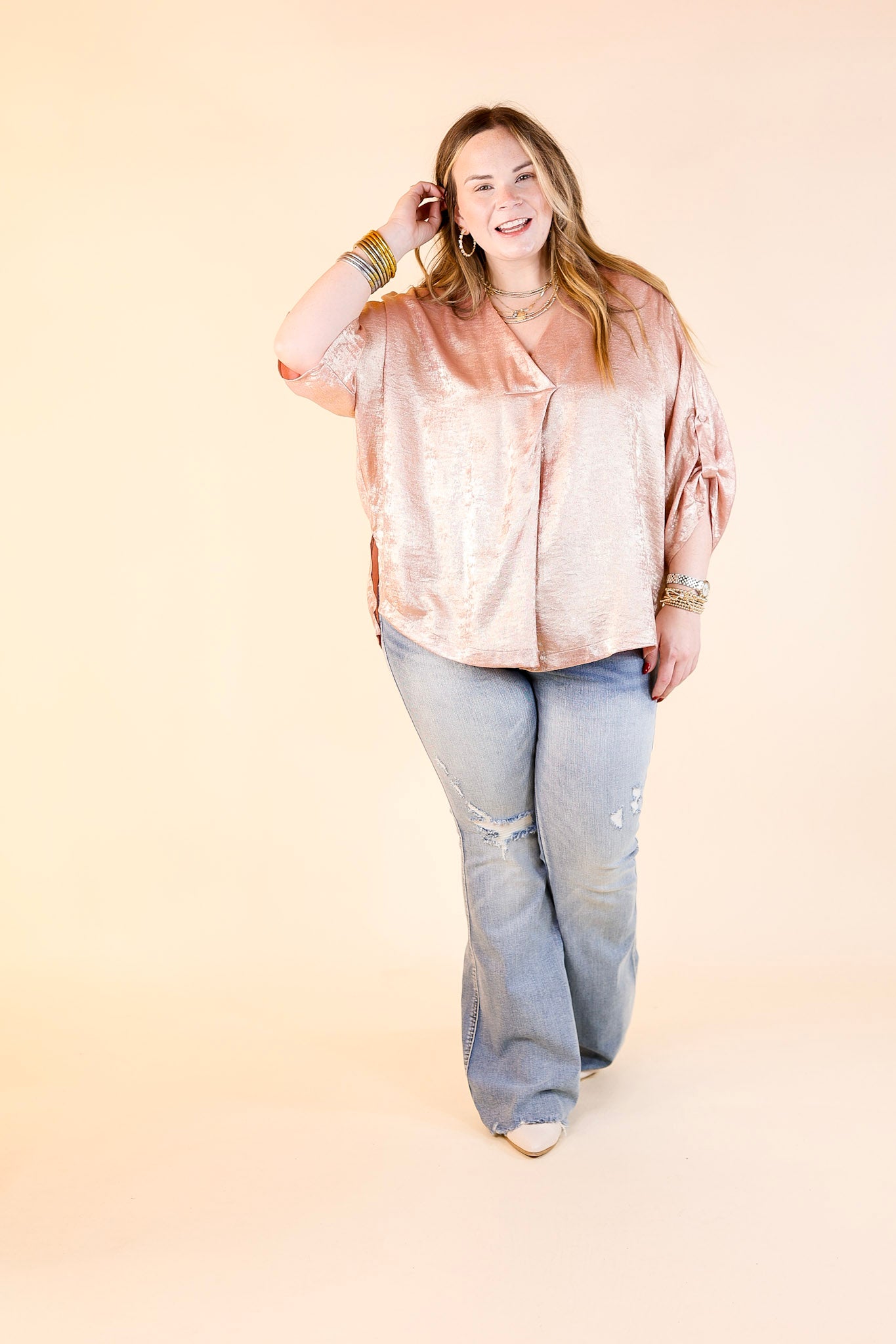 Gleam and Glow Metallic V Neck Top with 3/4 Sleeves in Rose Gold Pink