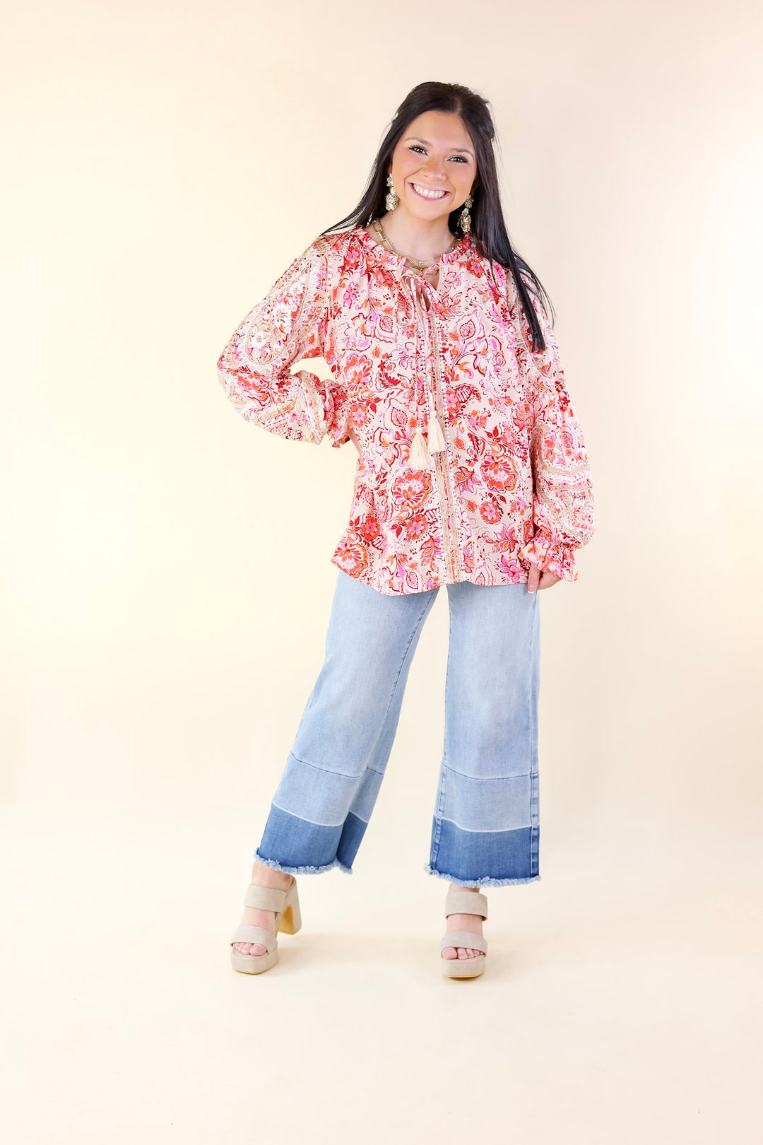 Springtime Delight Long Sleeve Floral Print Top with Embroidery in Ivory - Giddy Up Glamour Boutique