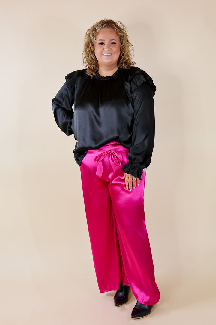 Can't Stop Me Ruffle Mock Neck Long Sleeve Satin Top in Black - Giddy Up Glamour Boutique