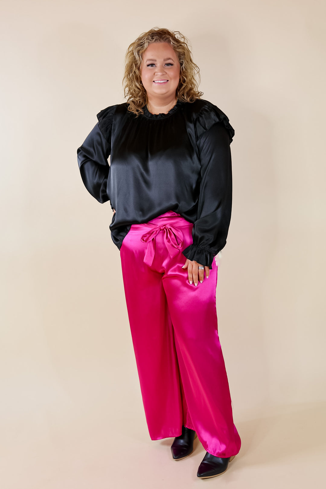 Can't Stop Me Ruffle Mock Neck Long Sleeve Satin Top in Black - Giddy Up Glamour Boutique