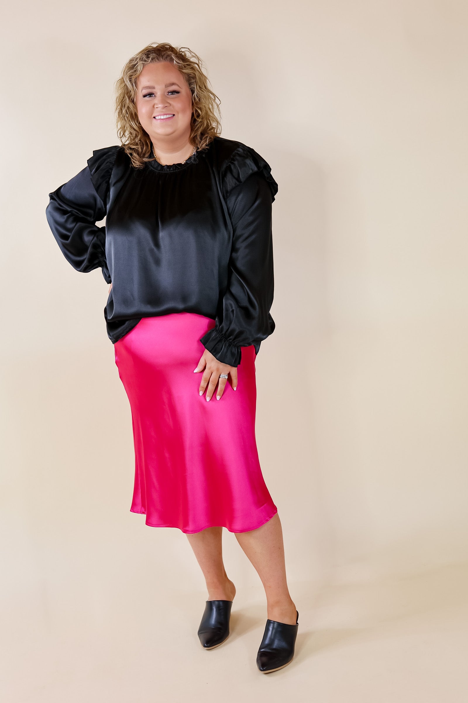 Bubbly And Blissful Satin Midi Skirt in Fuchsia Pink - Giddy Up Glamour Boutique