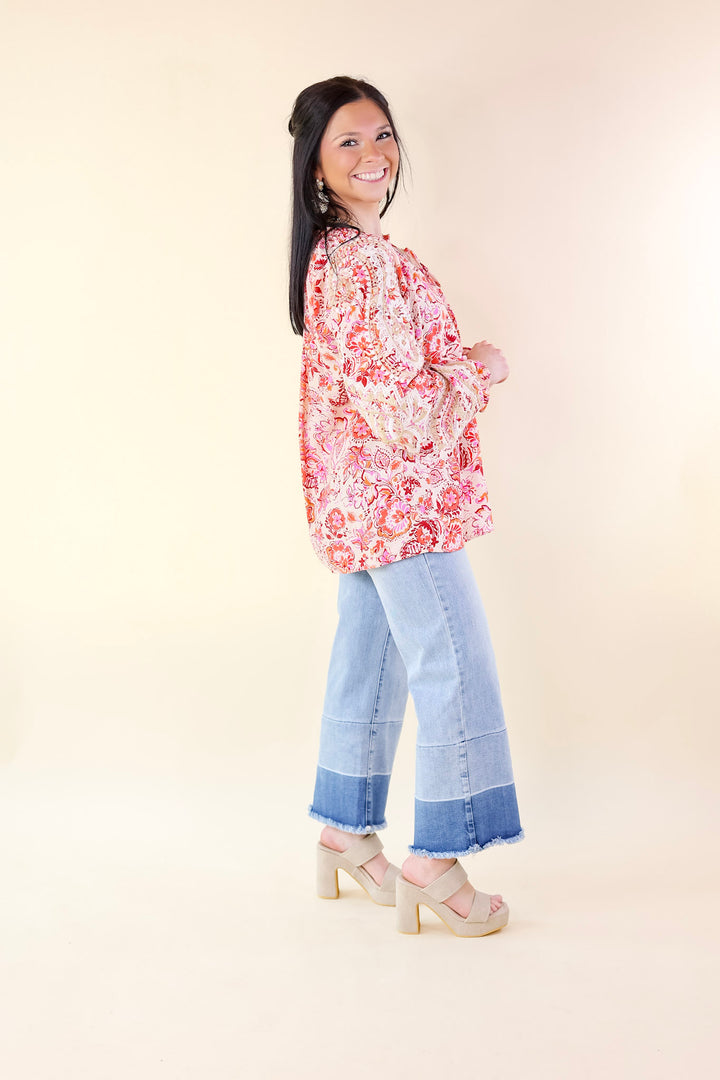 Springtime Delight Long Sleeve Floral Print Top with Embroidery in Ivory - Giddy Up Glamour Boutique