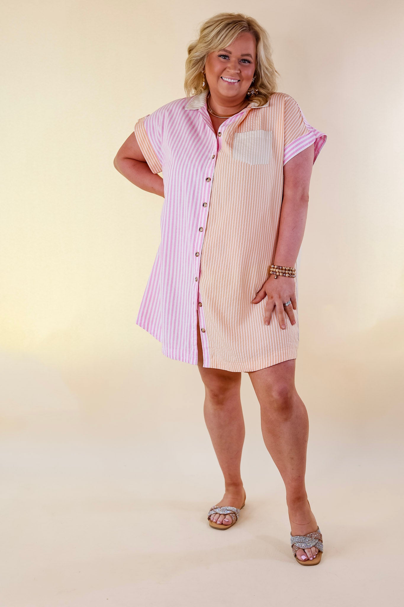 Seasonal Cruisin' Button Up Pinstripe Dress in Pink and Orange - Giddy Up Glamour Boutique